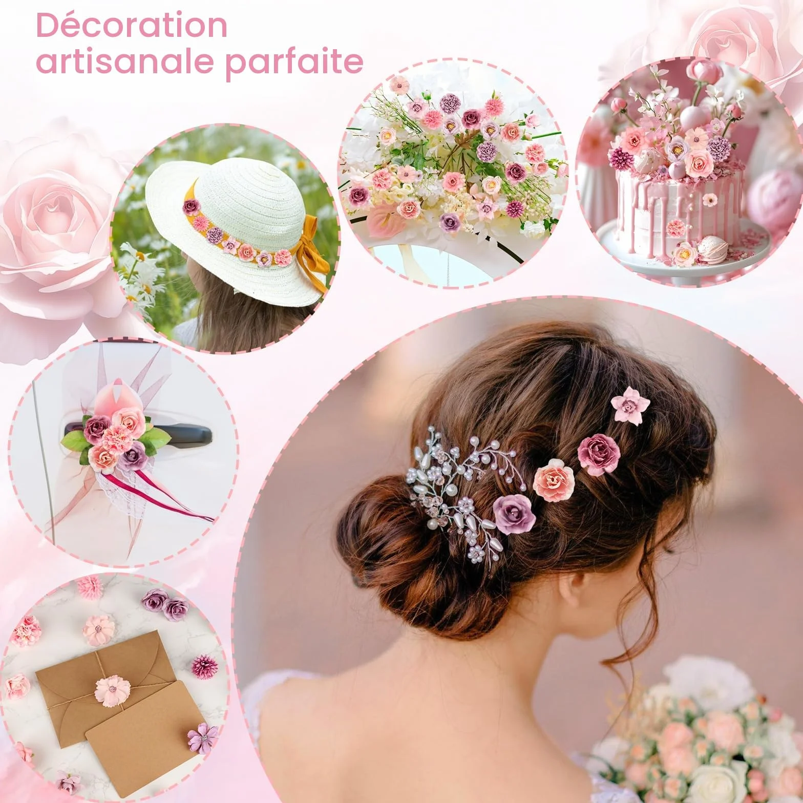 40 Pièces Fausse Fleur Artificielle Tete de Fleurs en Tissu Rose Violet Mélangée 10 Styles pour DIY Scrapbooking Guirlande Mariage Bouquet