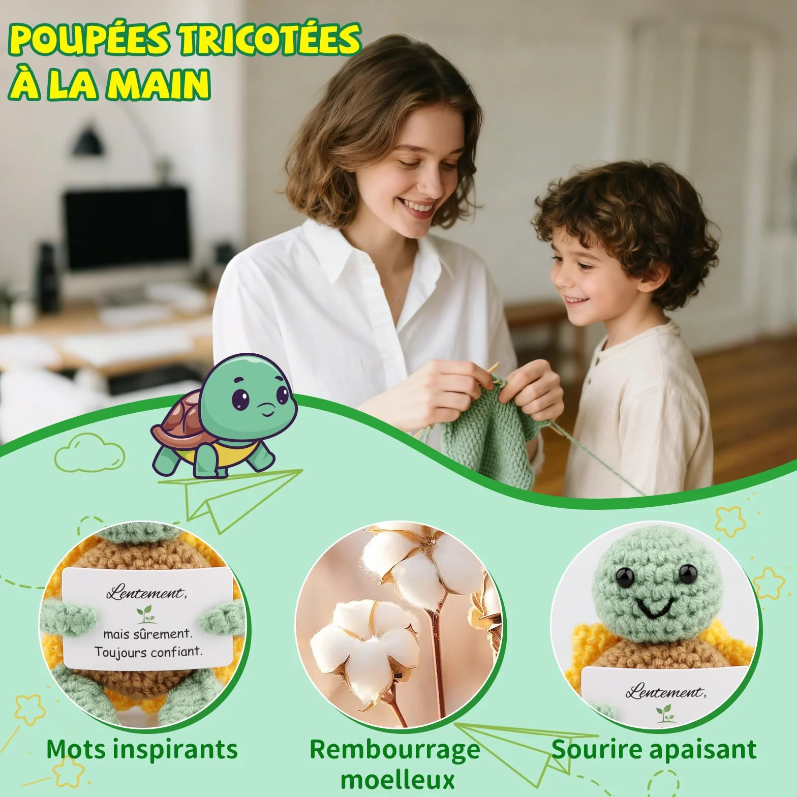 Tortue Positive Poupée Tortue en Français au Crochet avec Porte Clés et Carte Cadeau Femme Original