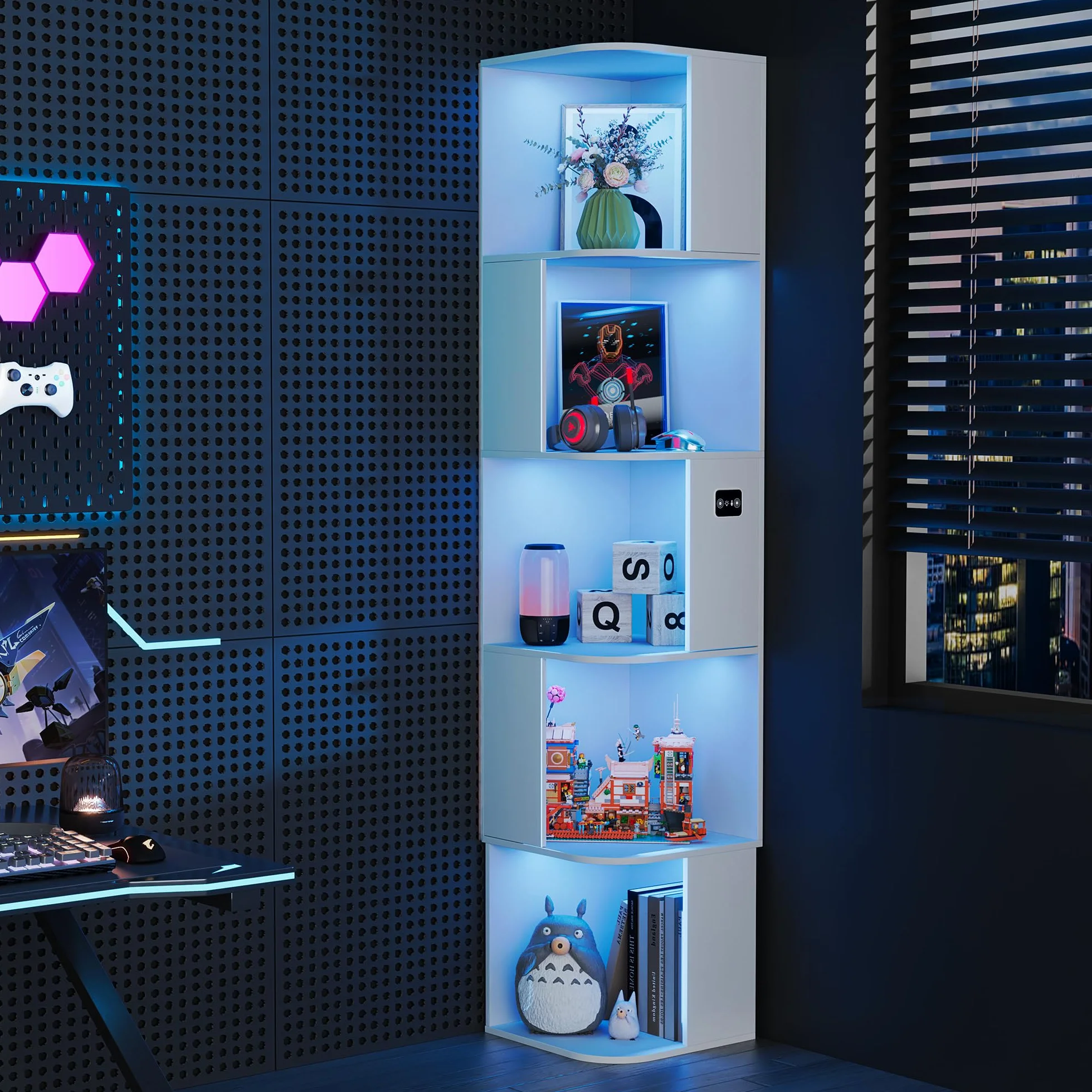 Gurexl 165 CM Vitrine avec Lumières LED 3 Couleurs,Asymétrique Bibliothèque avec étagères à 5 Niveau,Vitrine d'angle avec Capteur Humain pour Salon,Noir pour Salon,Bureau,Chambre,Blanc