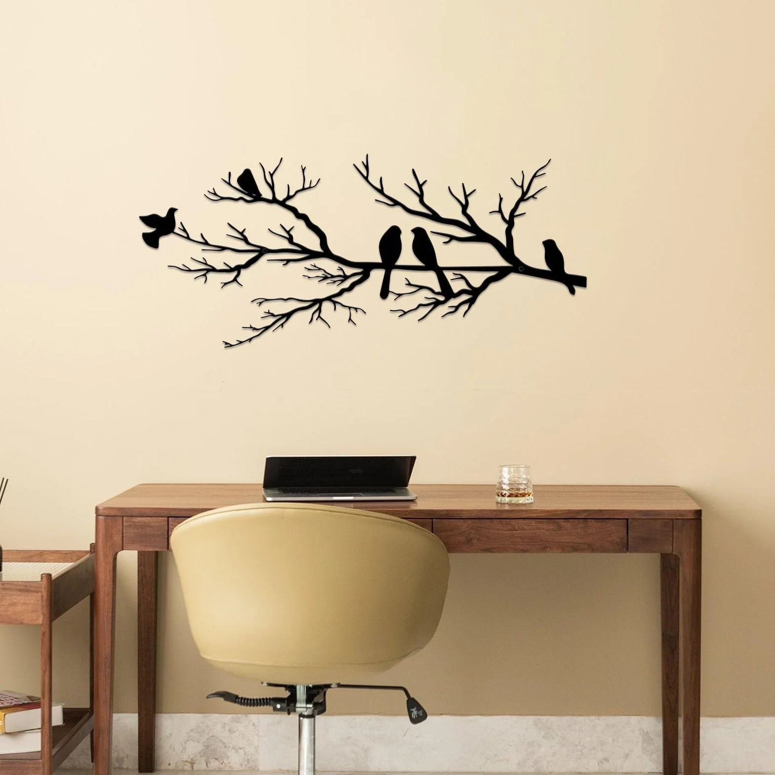 ESTART Décoration murale extérieure en métal silhouette d'oiseaux sur une branche feuilles noires sculpture murale pour maison jardin