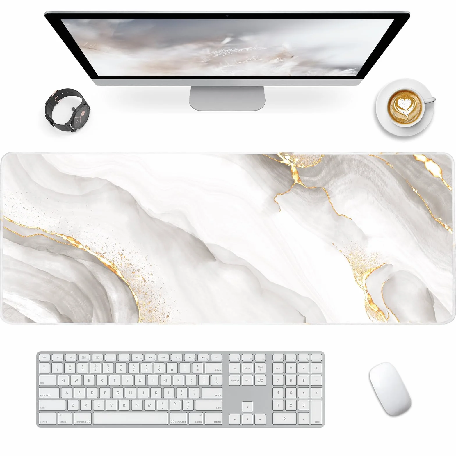 Gamingowa podkładka pod mysz XXL, 900 x 400 mm, duża, na biurko z antypoślizgową gumową podstawą, podkładka na biurko, pod klawiaturę, komputer, laptop (biały marmur)