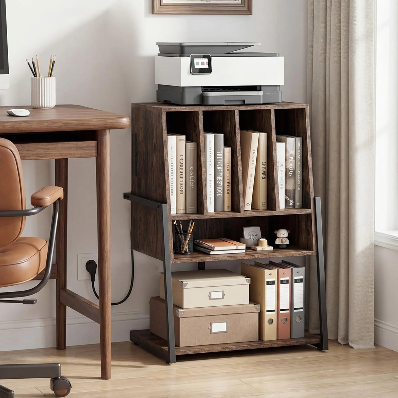 KOMFOTTEU Meuble Platine Vinyle avec Roulette, Support de Tourne-Disque, Compartiments & Étagère inférieure, Meuble Tourne-Disque, 54 x 57 x 76,5 cm (Marron, avec Station de Recharge)