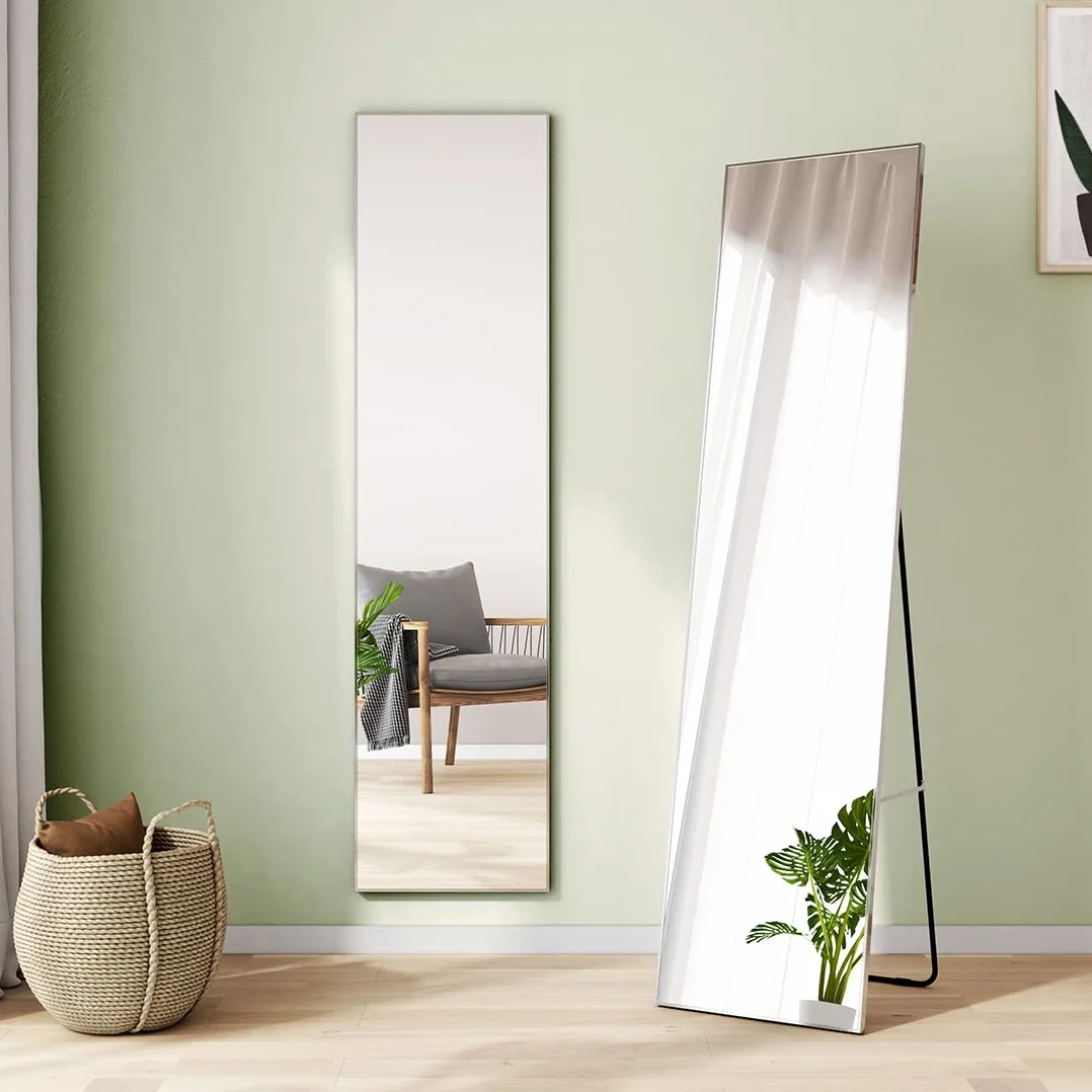 Miroir Pleine Longueur Argent sur Pied 160x40cm Cadre en métal argenté HD Grand Miroir