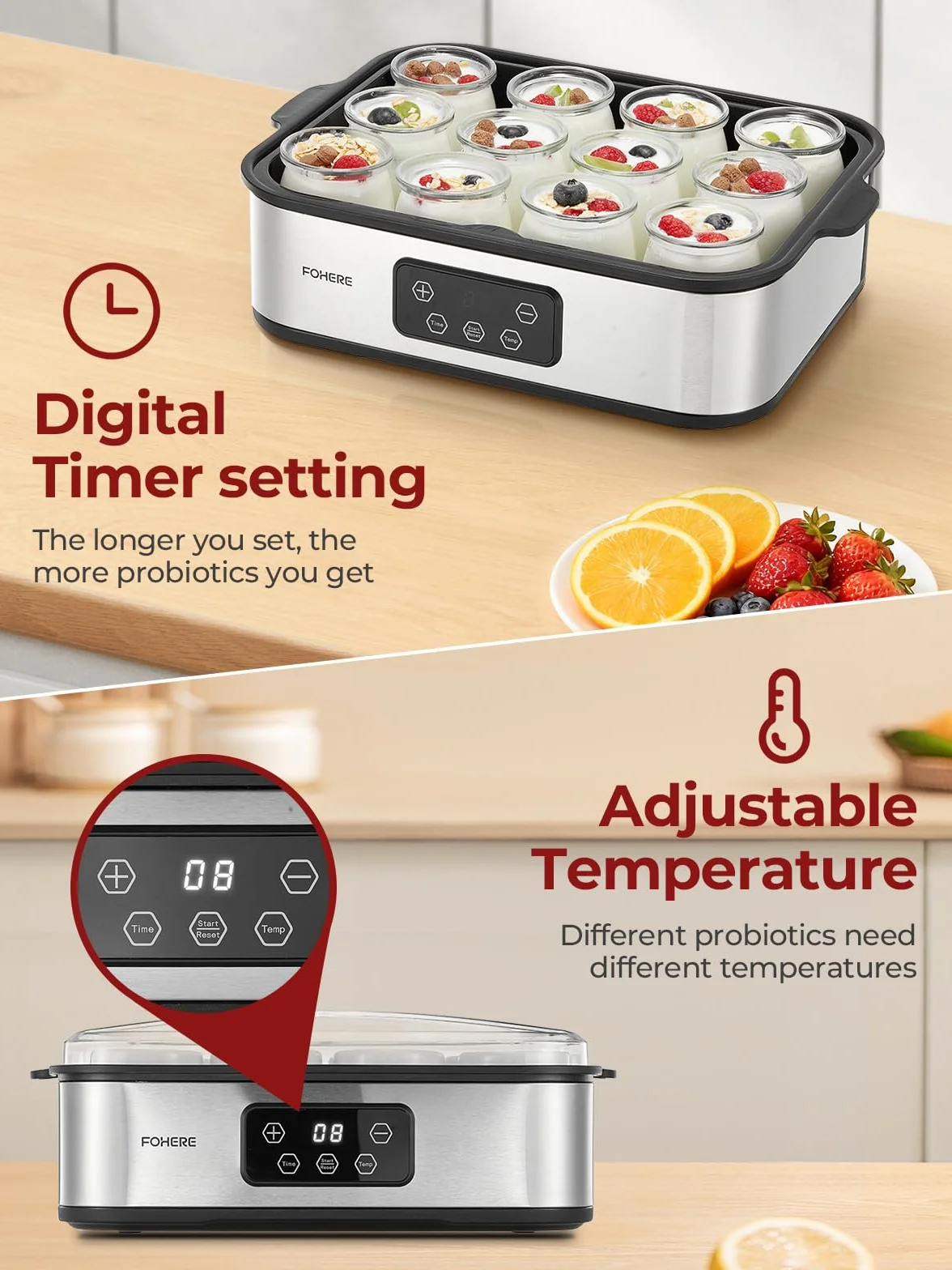 FOHERE Yaourtière 12 pots 180 ml, 25W Machine à Yaourt Maison, Programmable, Ecran LCD, Corps en Acier Inoxydable, Sans BPA, Compatible au lave vaisselle, Arrêt Automatique