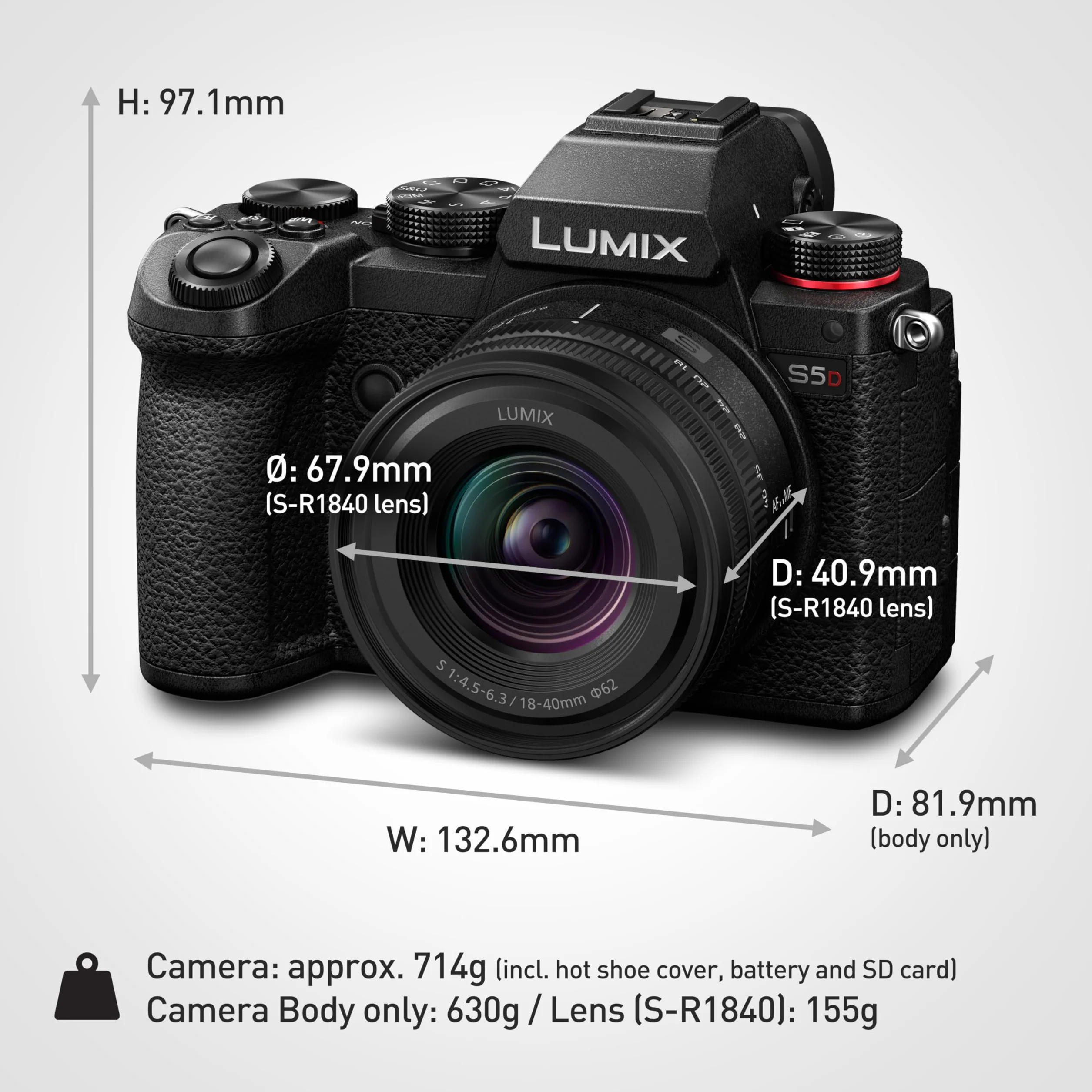 Panasonic Lumix S5D, Pełnoklatkowy Bezlusterkowy Korpus Aparatu, z Obiektywem S-R1840E 18-40mm, 24.2MP, 4K 60P Nagrywanie, Live View Finder, Monitor z Wolnym Kątem, Wi-Fi, Bluetooth, Czarny