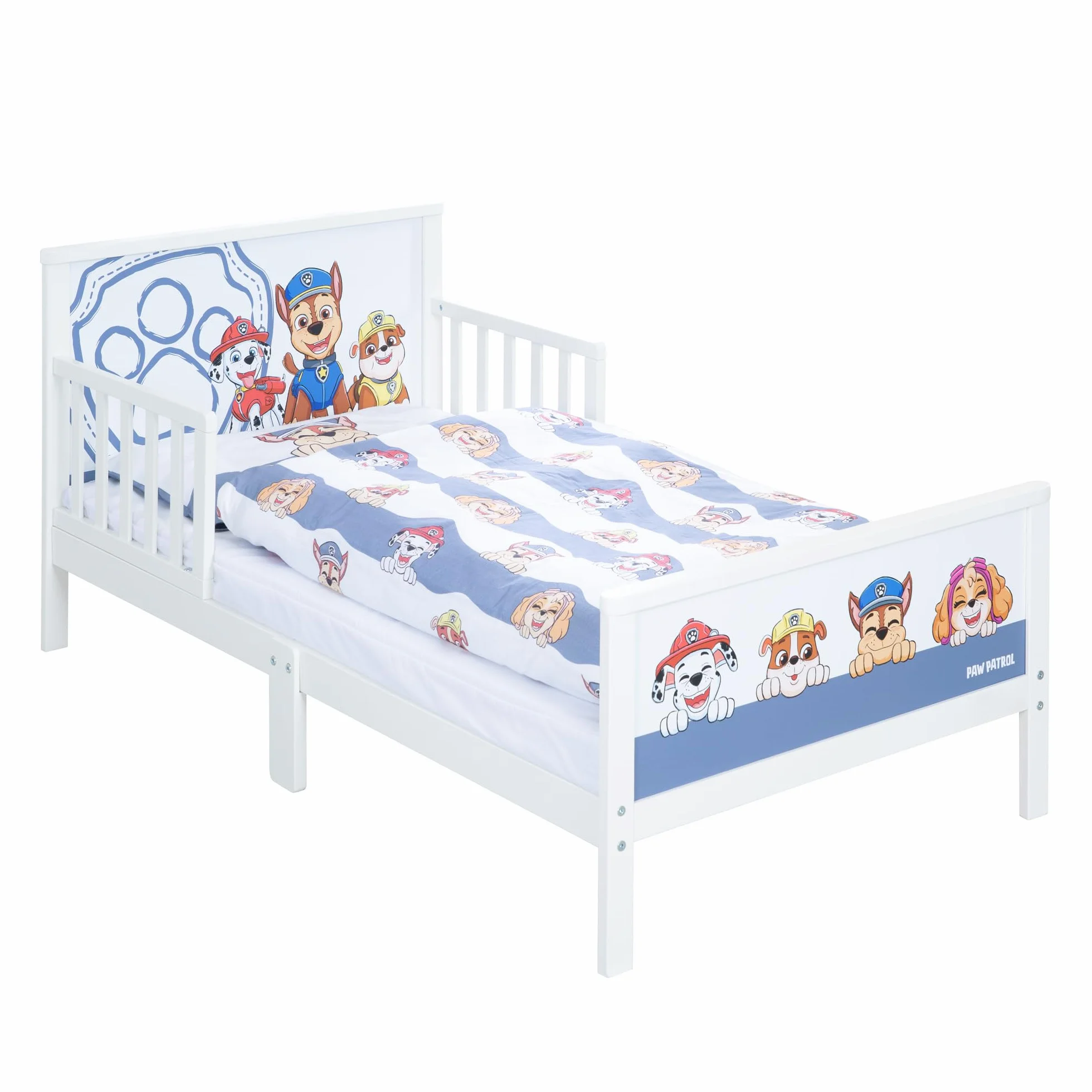roba Paw Patrol Lit Montessori 70 x 140 cm avec Barrières de Sécurité pour Enfant Jusqu'à 7 Ans + Sommier et Linge de Lit - Blanc/Motif Chiens Chase Marcus Ruben Stella