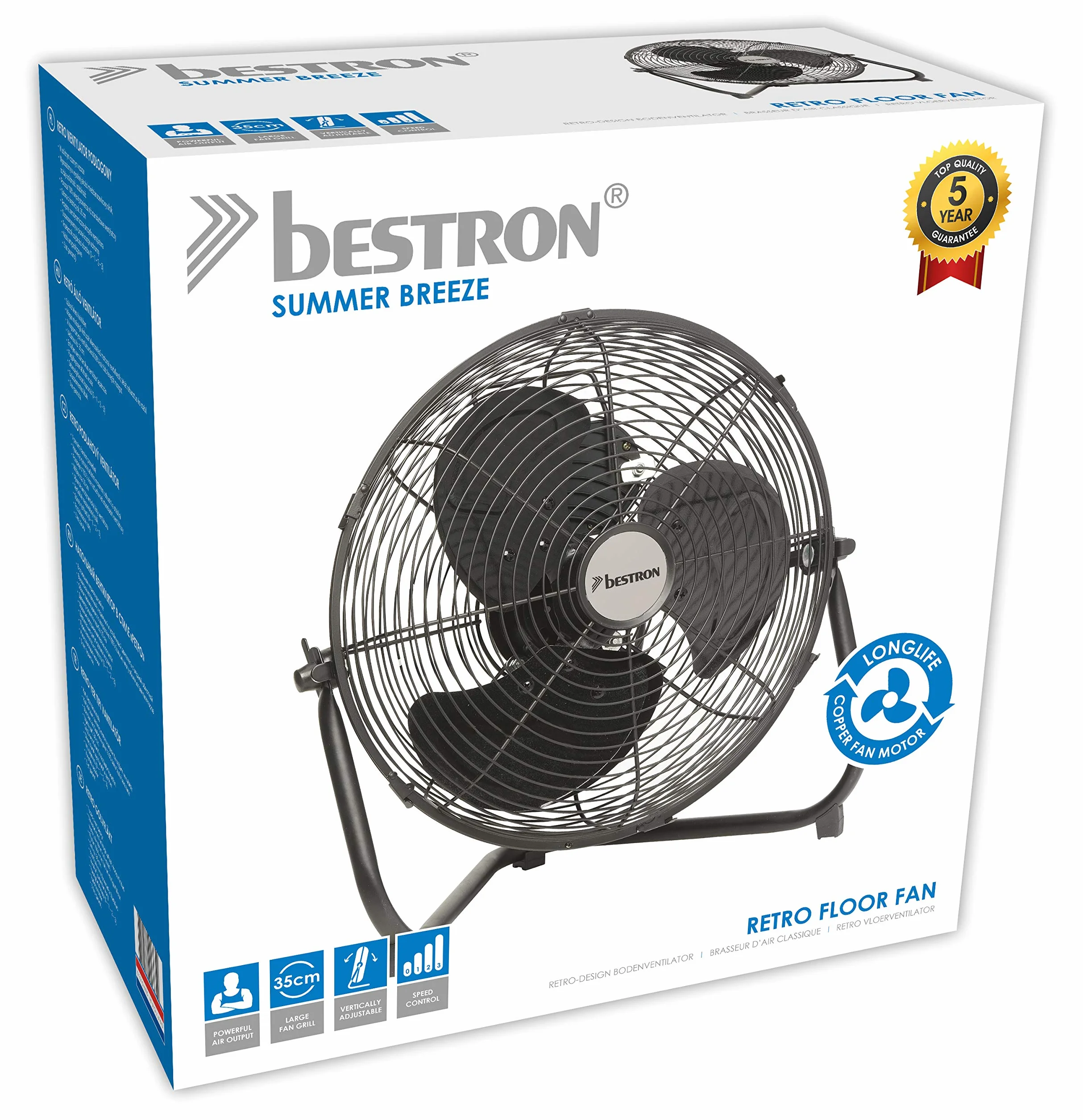 Bestron Ventilateur de Sol Rétro 55W 3 Vitesses Inclinable Noir 39x35 cm