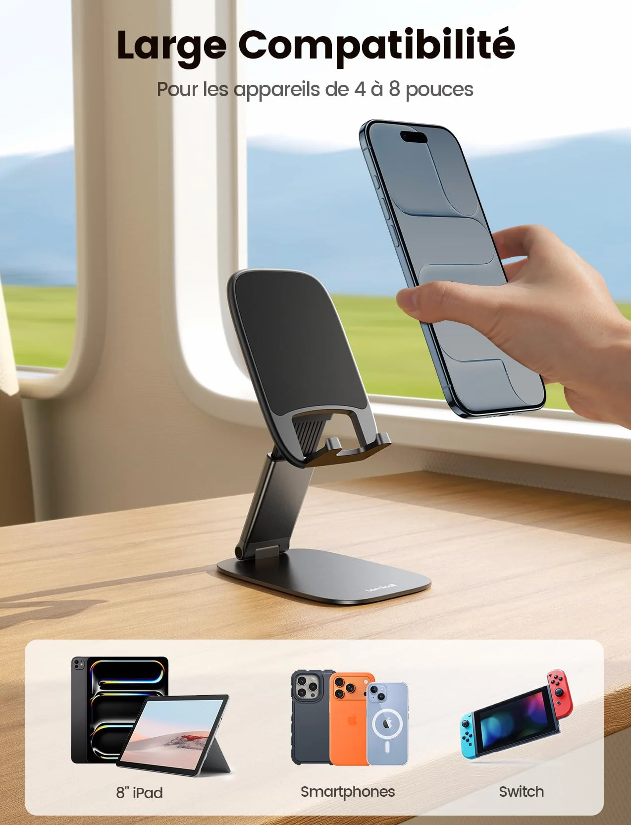 Lamicall Support Téléphone Bureau Pliable Base Métallique 15mm Ultrafin Hauteur Angle Réglables Universel pour iPhone 17/16/15/14/13/12 Pro Max Samsung Smartphones