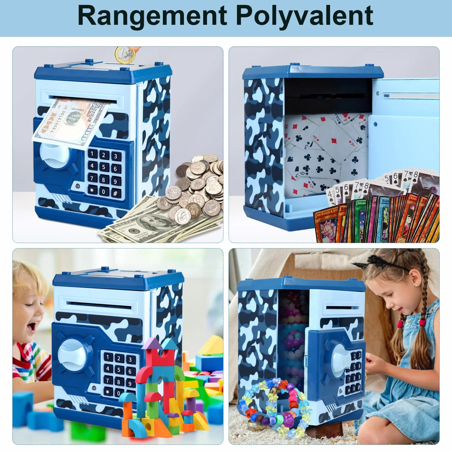 Tirelire Électronique ATM pour Enfants 3+ Coffre-Fort à Code Pièces Billets Grande Capacité Papier Défilement Automatique Bleu