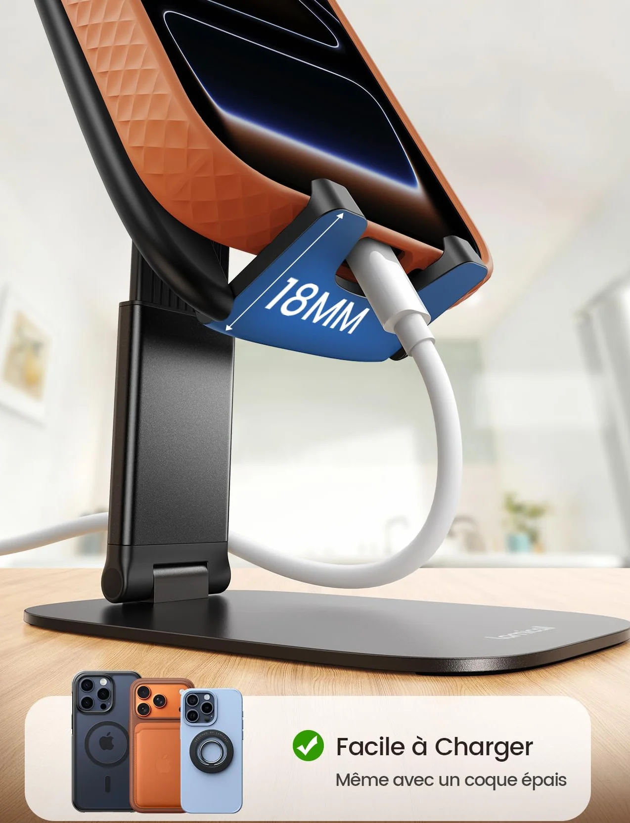 Lamicall Support Téléphone Bureau Pliable Base Métallique 15mm Ultrafin Hauteur Angle Réglables Universel pour iPhone 17/16/15/14/13/12 Pro Max Samsung Smartphones
