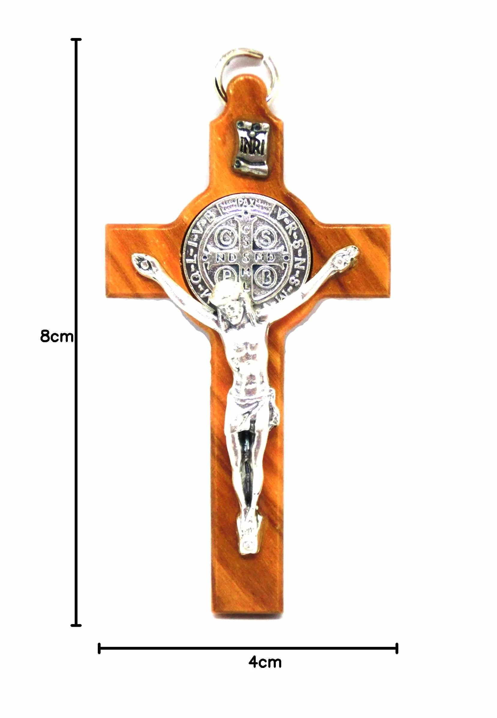 Croix de Saint Benoît en bois d'olivier 8 cm avec médaille et anneau
