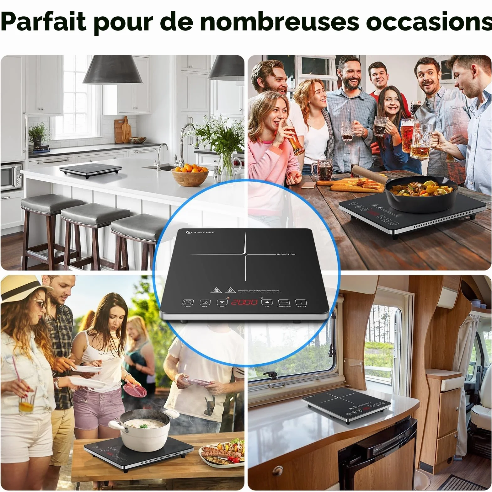 Plaque à induction, AMZCHEF Plaque Induction avec design ultra-mince,20 niveaux de température et 20 réglages de puissance, Plaque Induction 2000W avec minuterie de 3 heures,verrouillage de sécurité