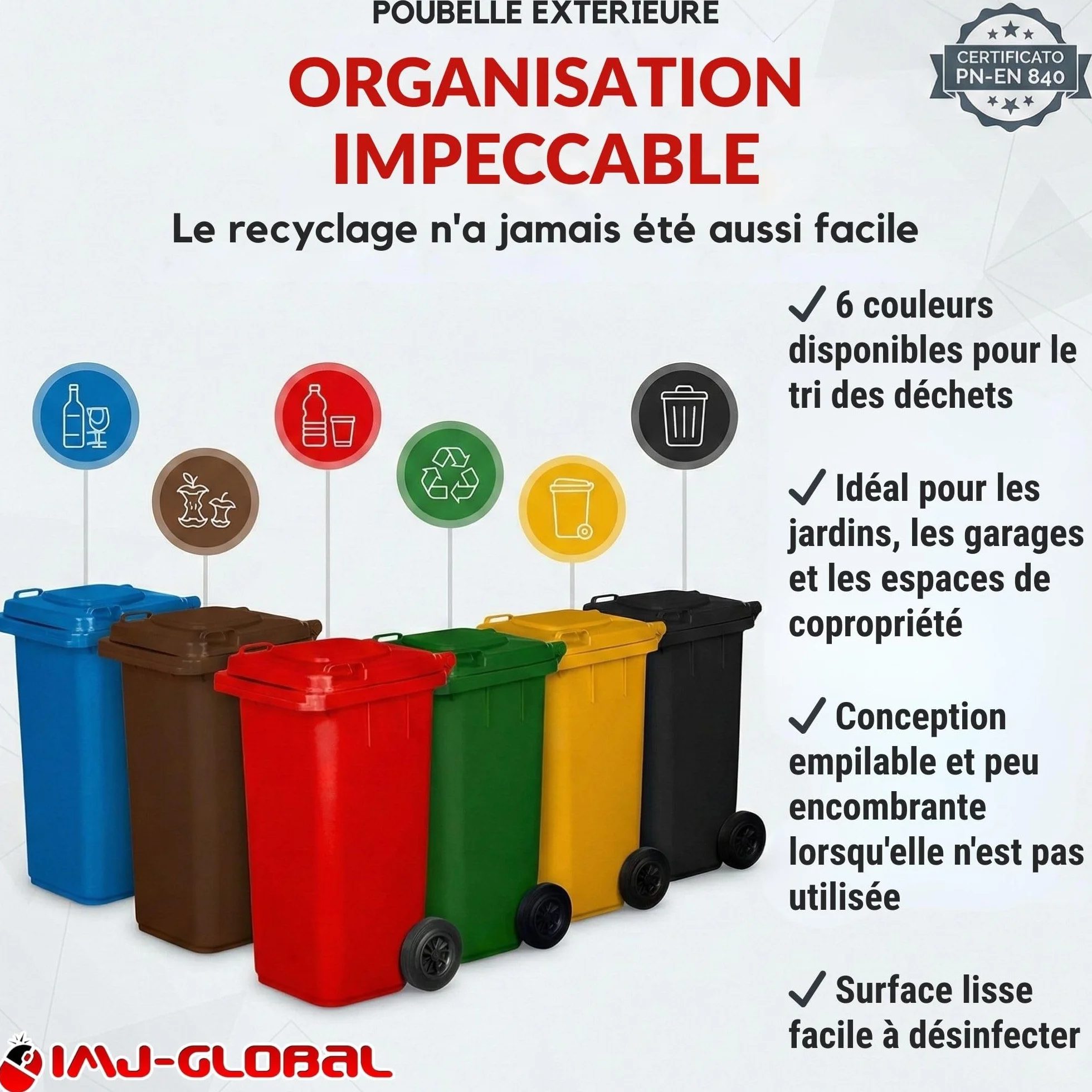 Poubelle Extérieur 120L Plastique PN-EN 840 Bac Conteneur Déchets Recyclage Roues Vert