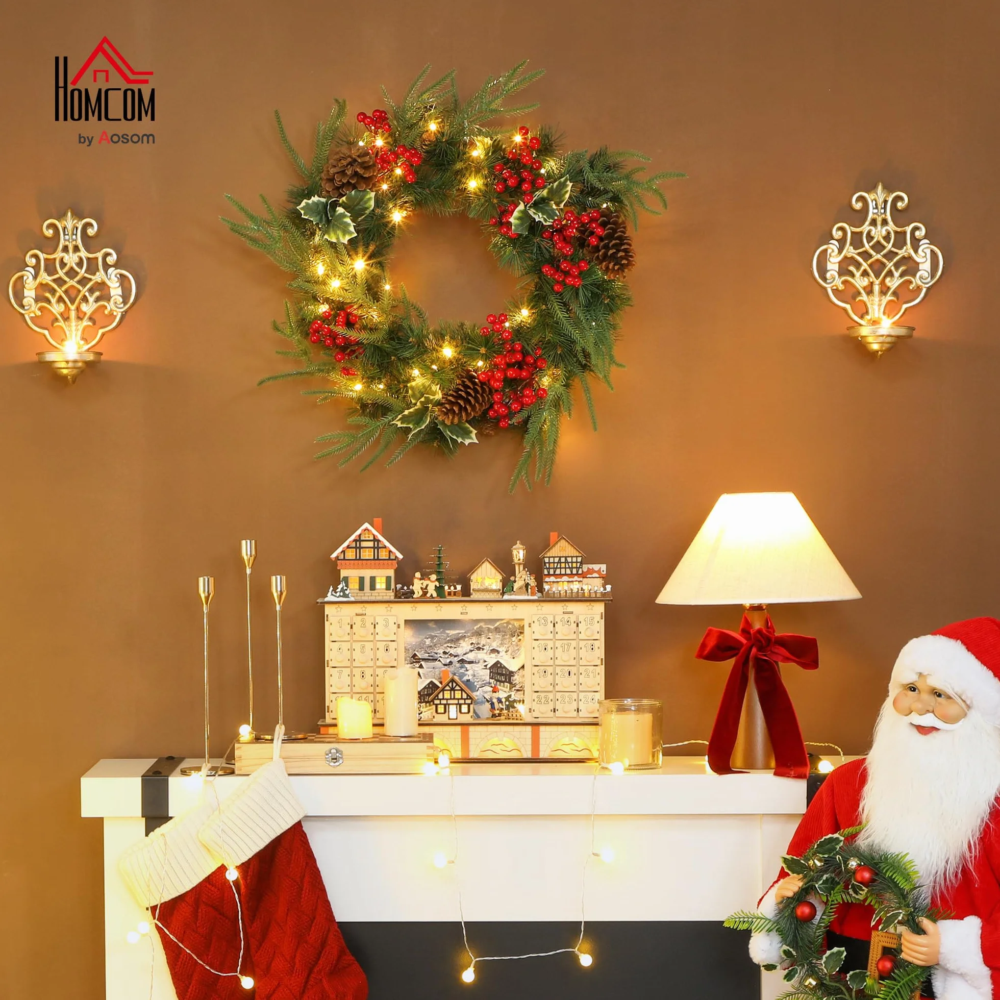 HOMCOM Couronne de Noël Lumineuse 60 cm avec 35 LED Blanc Chaud, minuterie, Couronne de Noël de Porte d'entrée, 170 Pointes, Pommes de pin, Baies, Feuilles de Houx, pour Porte, Mur, cheminée, Vert