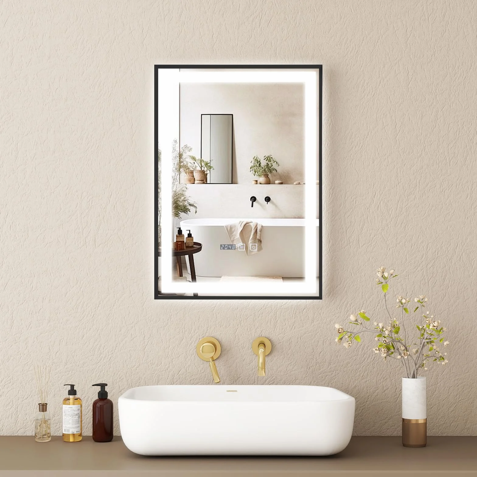 YOURLITE Miroir de Salle de Bain avec Éclairage LED 50x70cm, Fonction Antibuée Étanche Ip44 Lumière Chaude,Naturelle et Froide,Luminosité Réglables, avec Affichage Heure et Température