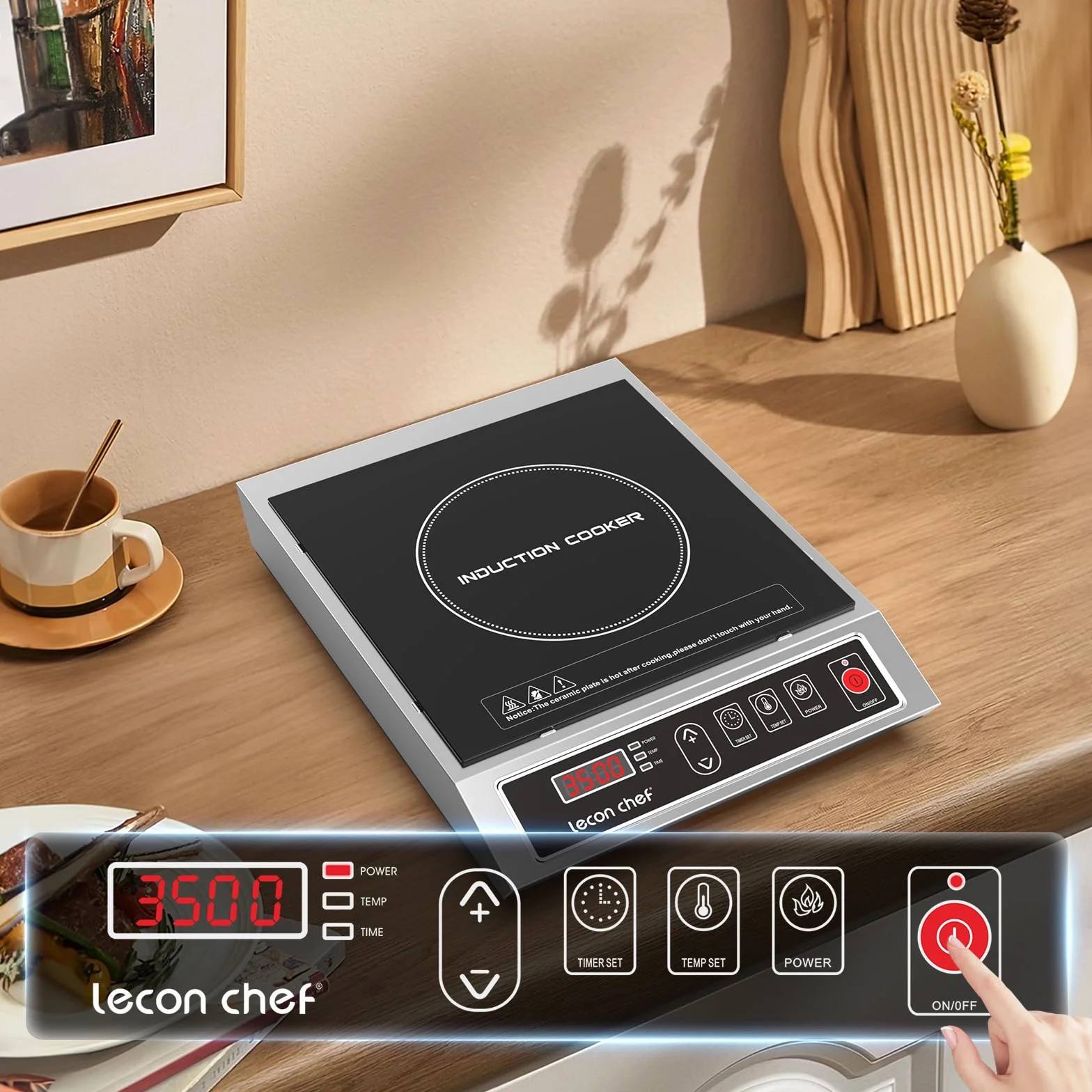 Plaque à induction, Portable 1 Feu Puissante 3500 W, Plaque de cuisine electrique Réglable sur 10 niveaux, grande capacité de charge de 50 KG, 24 heures minute