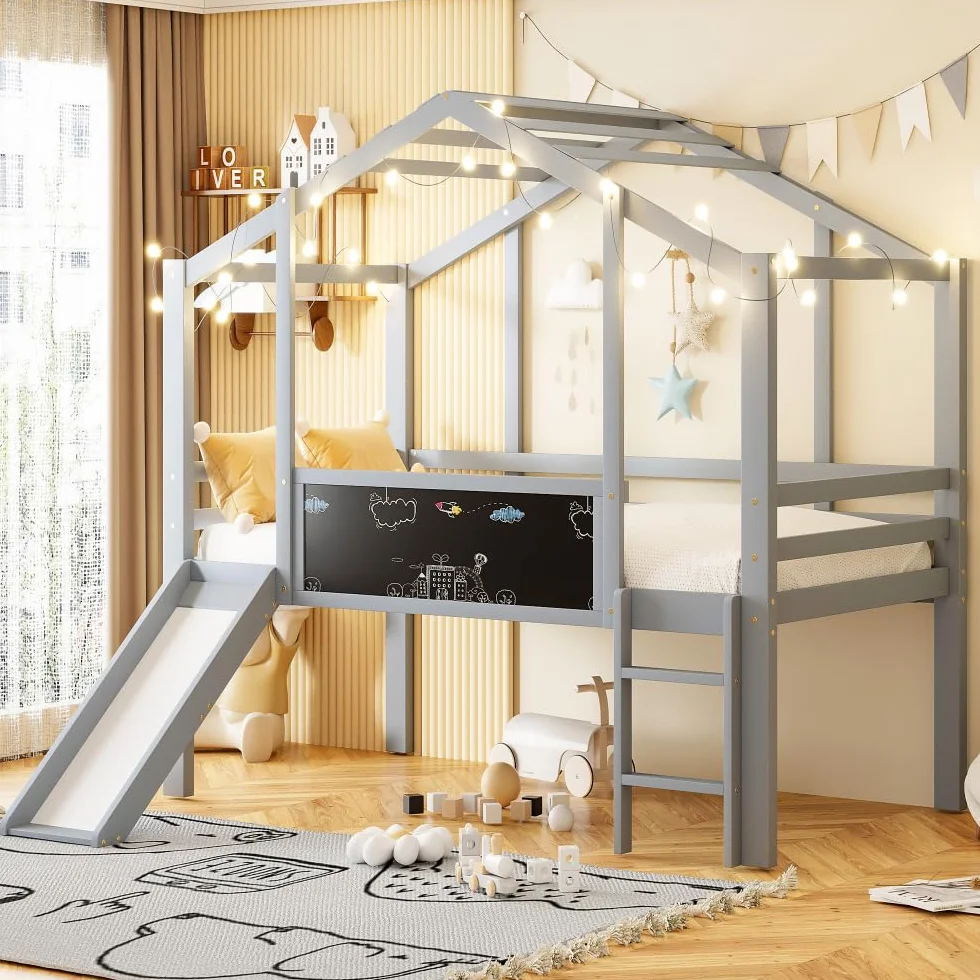 Lit cabane enfants 90x200,lit enfant cabane avec toboggan,panneau graffiti,lit superposé enfant 90x200 lit enfant mi hauteur en bois,cadre de lit mezzanine 1 place avec sommier à lattes (Gris)