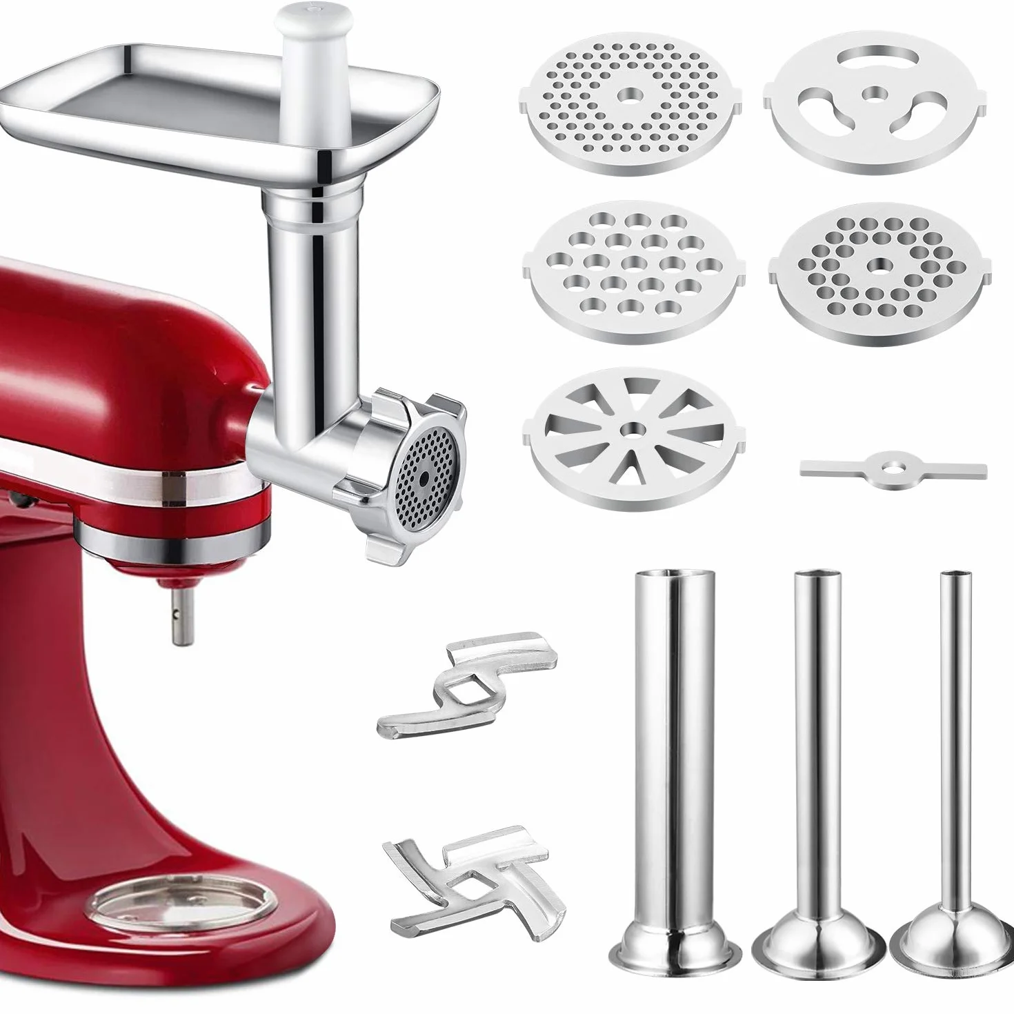 Hachoir à viande en métal avec poussoir et 3 tubes à farcir pour saucisses, extension durable compatible avec tous les modèles KitchenAid