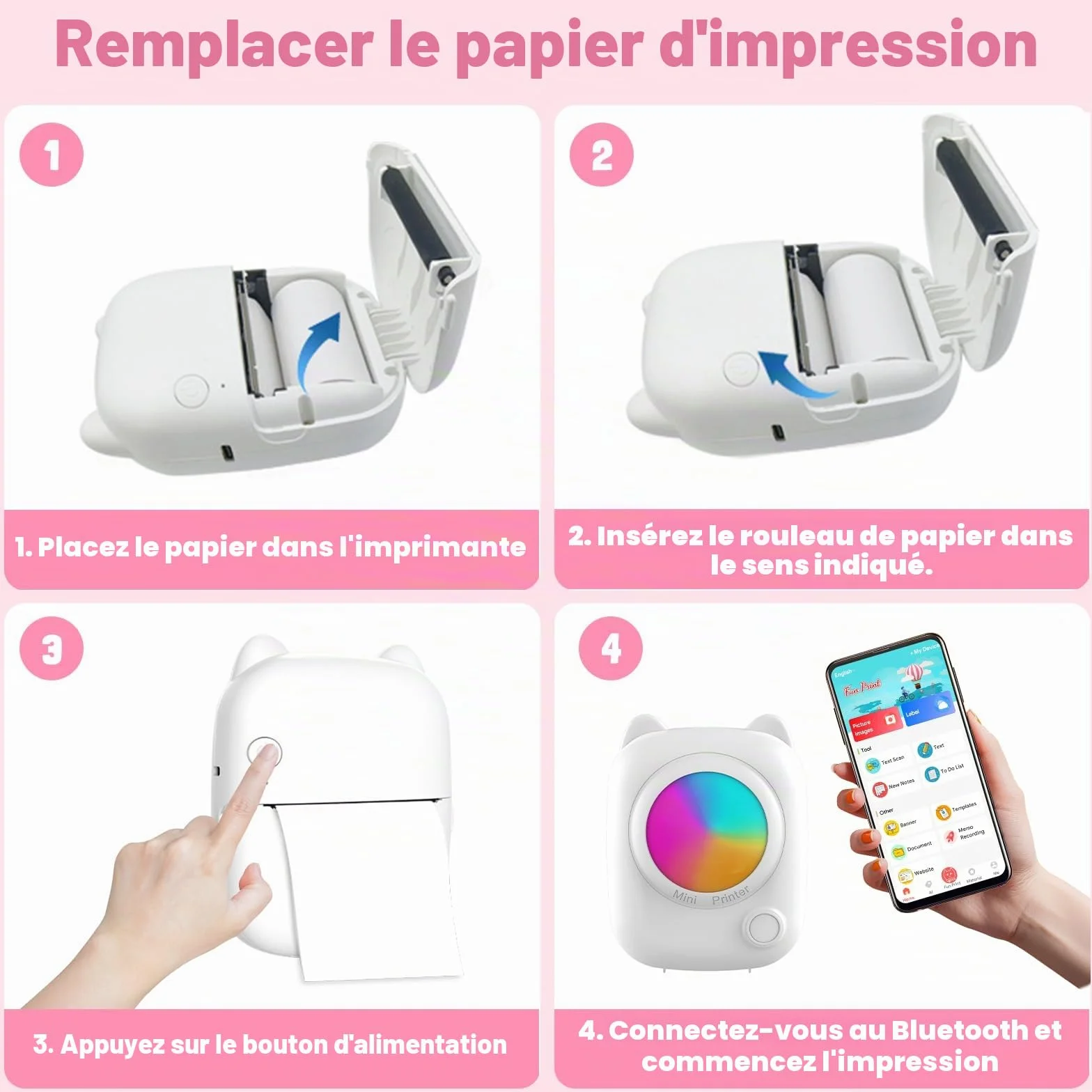 Mini Imprimante Photo Portable, Imprimante Thermique Instantanée sans Fil Bluetooth avec 14 Rouleaux de Papier pour iOS & Android