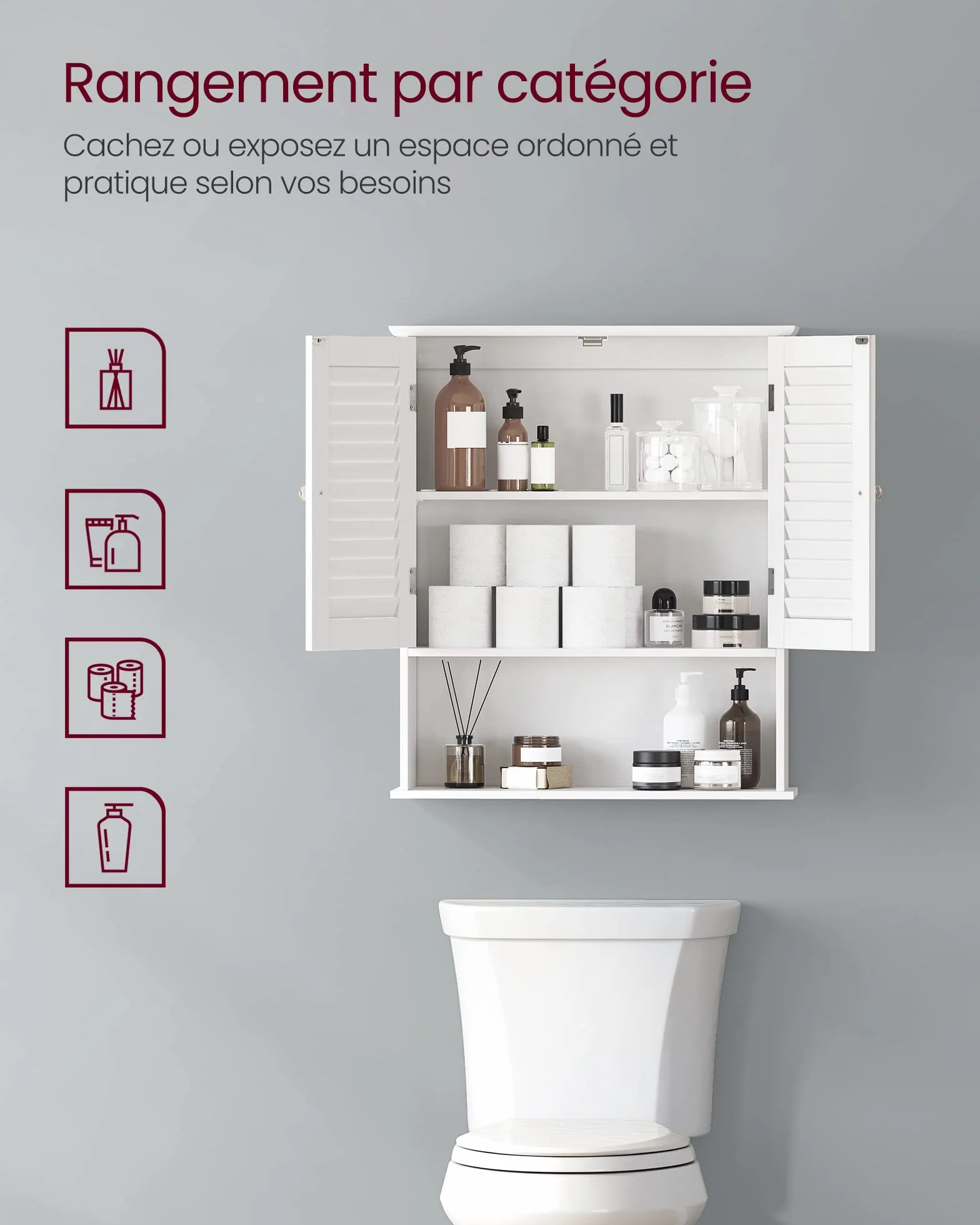 VASAGLE Meuble Mural, Meuble de Rangement Suspendu pour Salle de Bains, Armoire à Pharmacie avec Étagère Réglable, Double Porte et Étagère Ouverte, 20 x 60 x 70 cm, Blanc BBC27WT