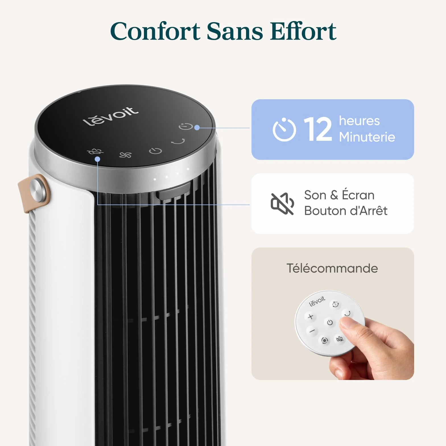 Levoit Windi Mini Ventilateur Colonne Silencieux 20 dB Moteur DC 7 m/s 4 Vitesses Oscillation 90° Minuterie 12H Télécommande