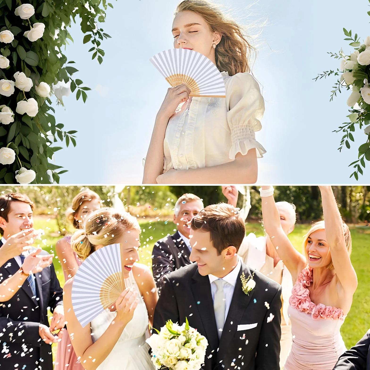 50 Pièces Eventail Mariage Blanc, Lot Eventail en Papier Bois et Bambou Éventail Mariage pour Mariage Peinture Calligraphie DIY Cadeau Décoration Cadeaux de Fête DIY Décoration Baptême