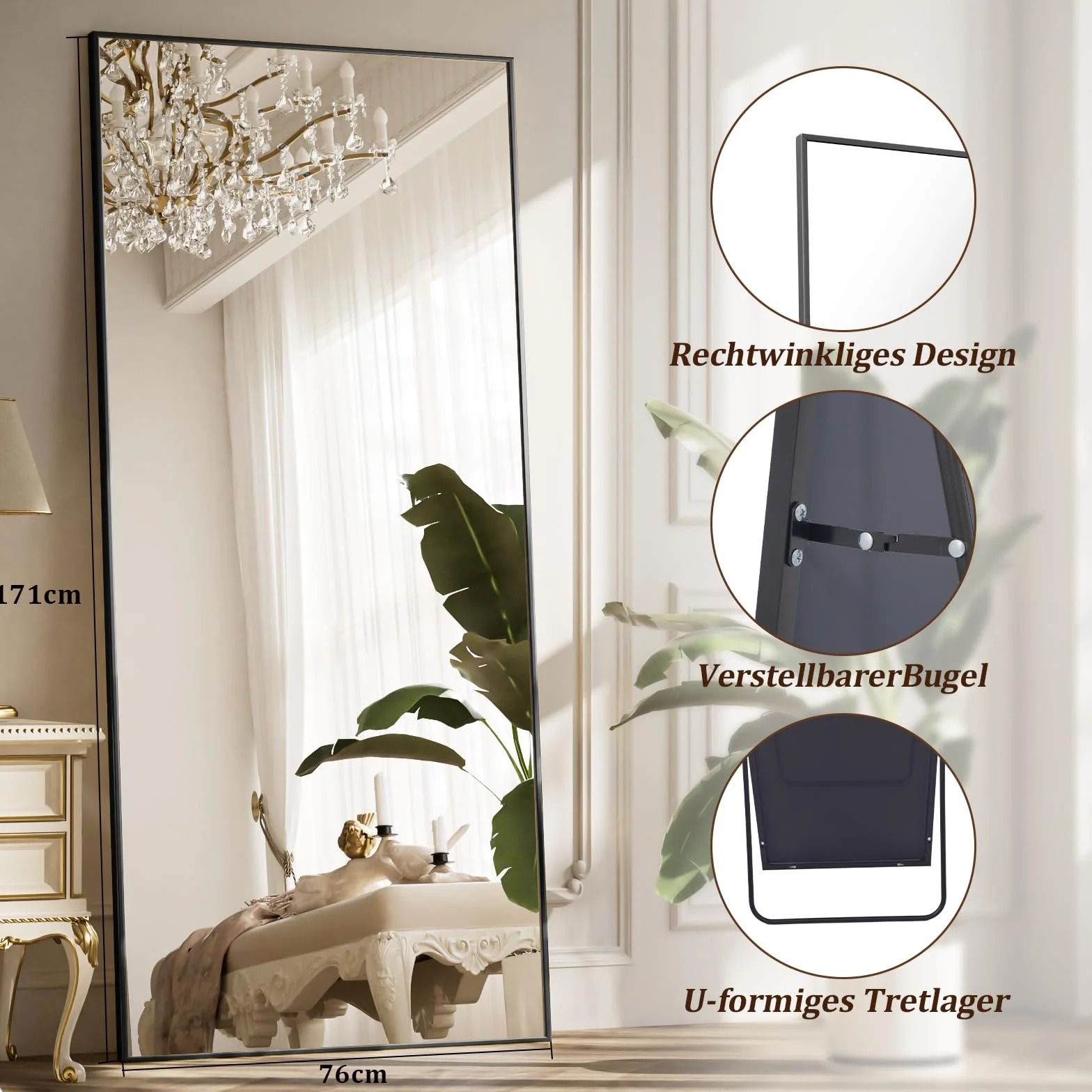 BEAUTYPEAK Grand Miroir sur Pied et Mural 76 x 171 cm Cadre Aluminium Verre Anti-Chocs