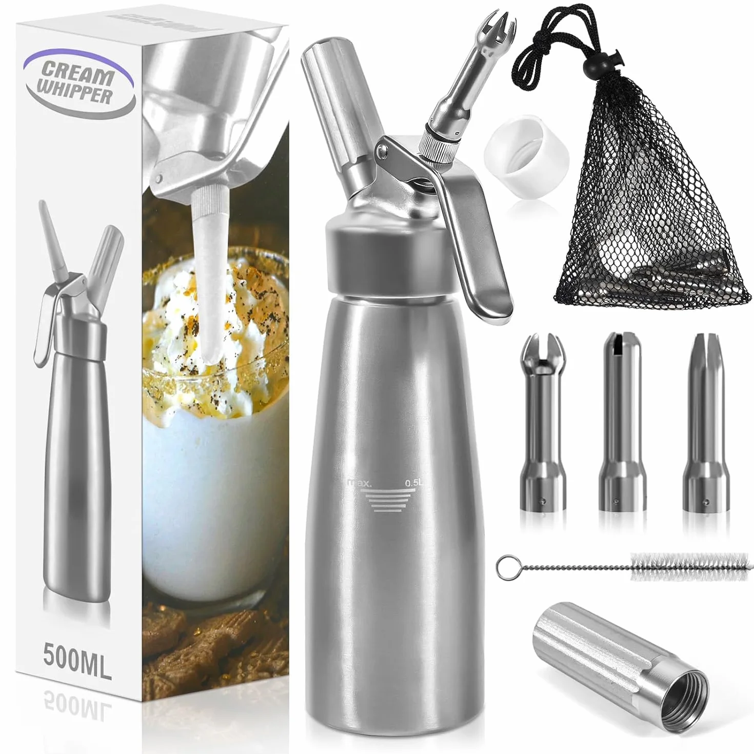 Siphon Chantilly Professionnel 500ml Inox Aluminium avec 3 Douilles pour Mousses et Crèmes