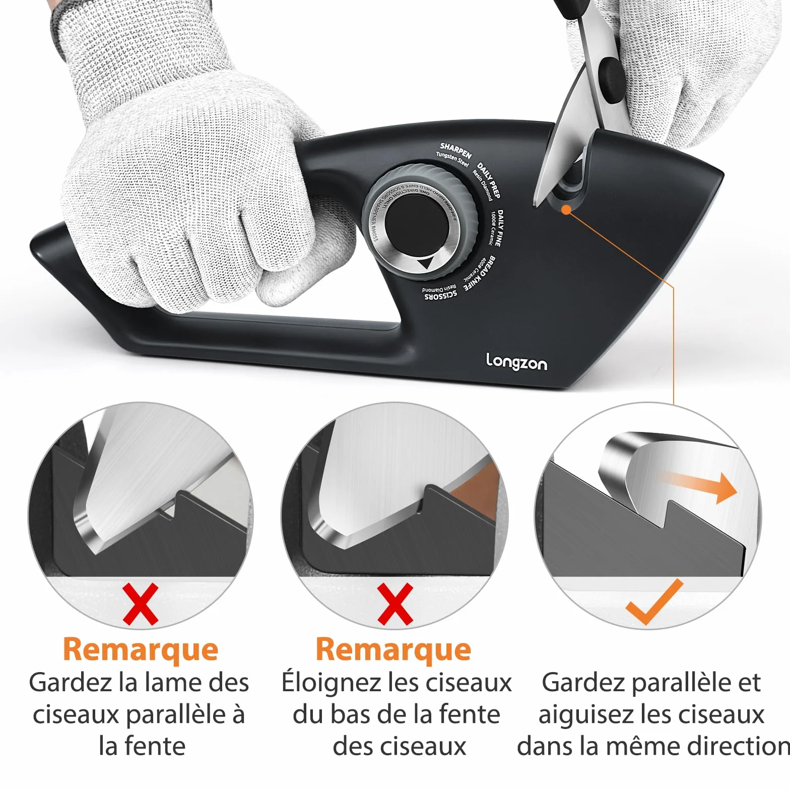Longzon Aiguiseur Couteaux 5 en 1 Affuteur Couteau Professionnel avec Gants Anti-coupure, Manuel à Bouton Réglable pour Acier et Dentelés