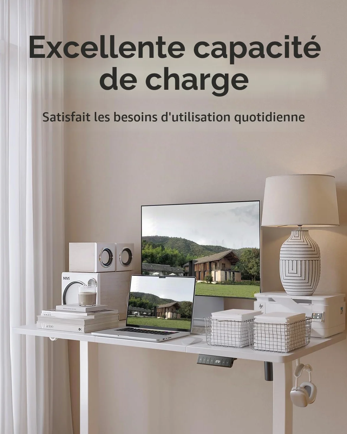 FEZIBO Bureau Électrique Réglable en Hauteur 120 x 60 cm avec Ports USB-A et USB-C, Blanc
