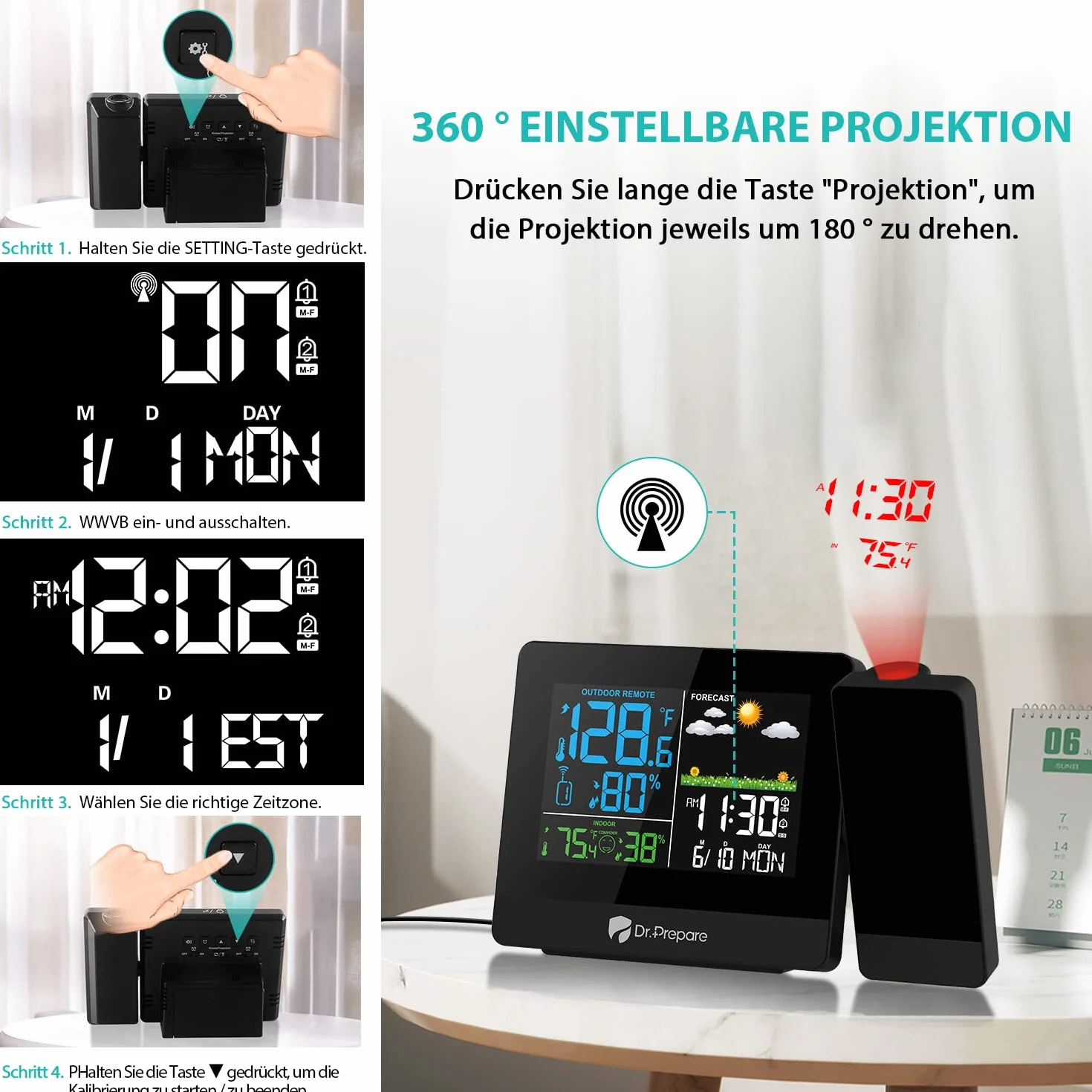 DR.PREPARE Réveil à Projection avec Station Météo et Capteur Extérieur