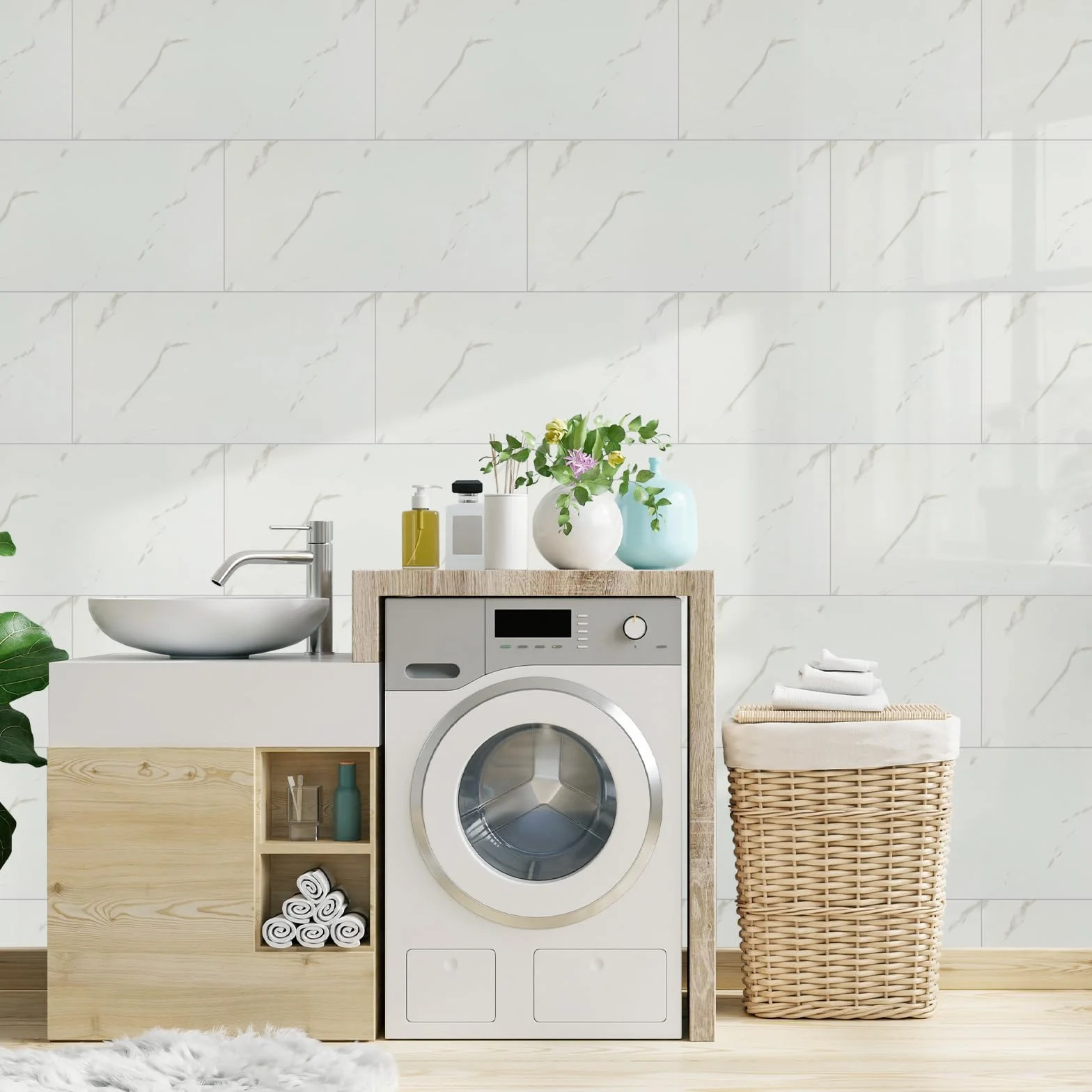 Credence Adhesive Cuisine Marbre 60x30cm Blanc Carrelage Adhesif Mural Salle de Bain Decoratif 10 Pièces