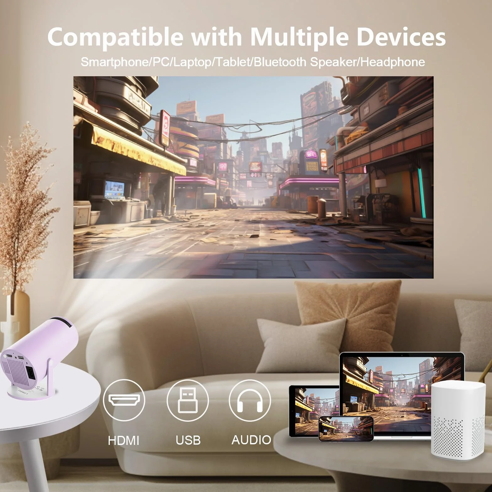 LQWELL Mini projektor, obsługuje WiFi 5G i BT5.0, automatyczna korekcja trapezu, kąt 220 stopni, wyświetlacz 130 cali do telefonu/komputera/laptopa/Xboxa/sticka, obsługa 4K (No Android OS)