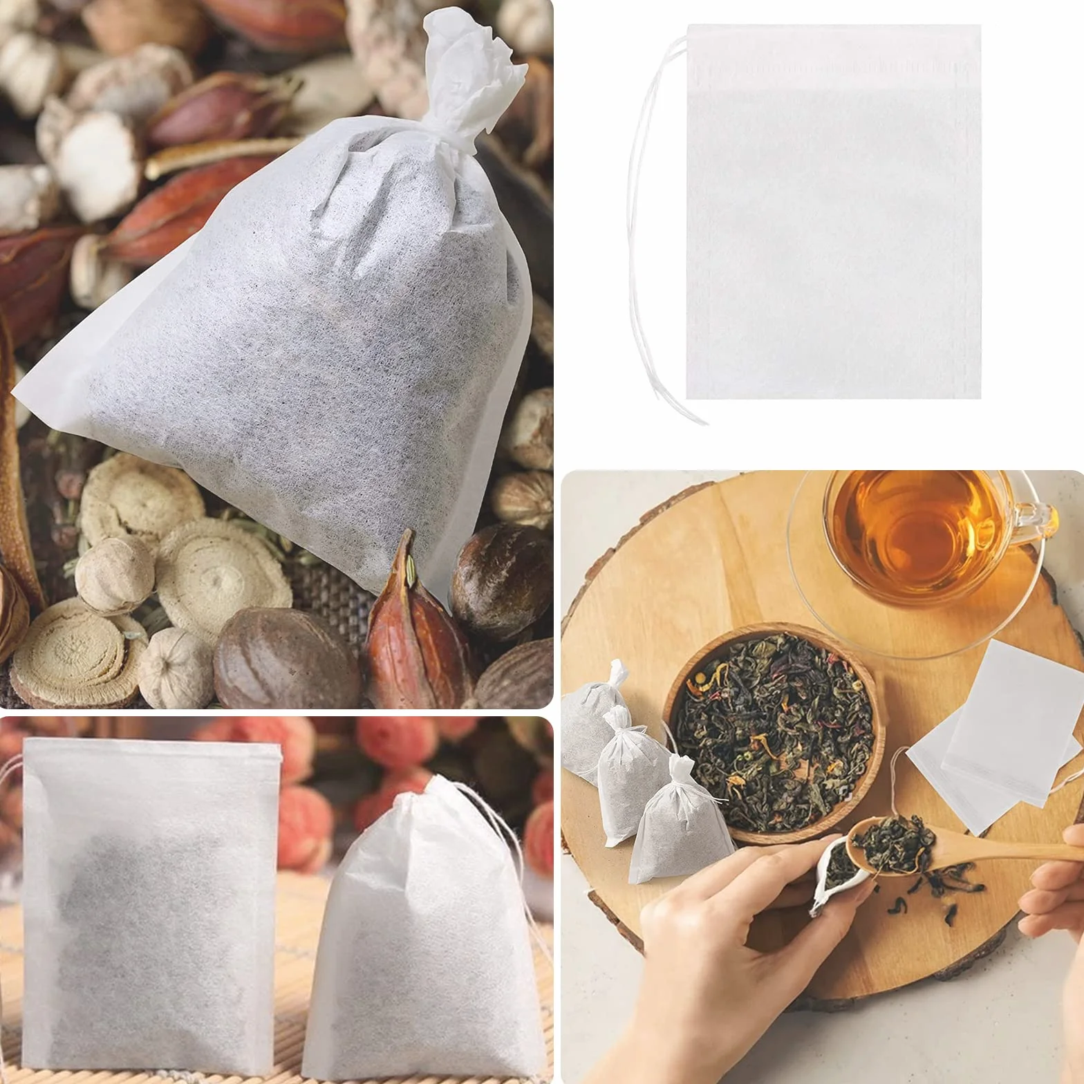 Lot de 200 sachets à thé jetables avec cordon de serrage 6 x 8 cm