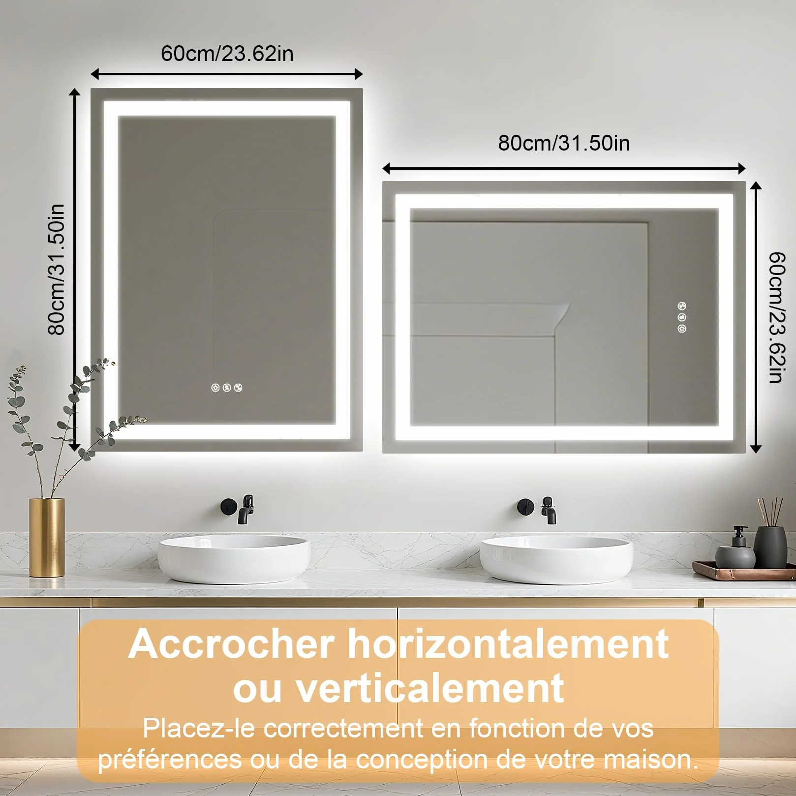 Miroir de Salle de Bain LED avec lumières 60x80cm,Double Haut-Parleur Bluetooth,Anti-buée,3 températures de Couleur,luminosité à intensité Variable,Fonction mémoire,étanche,Support Mural