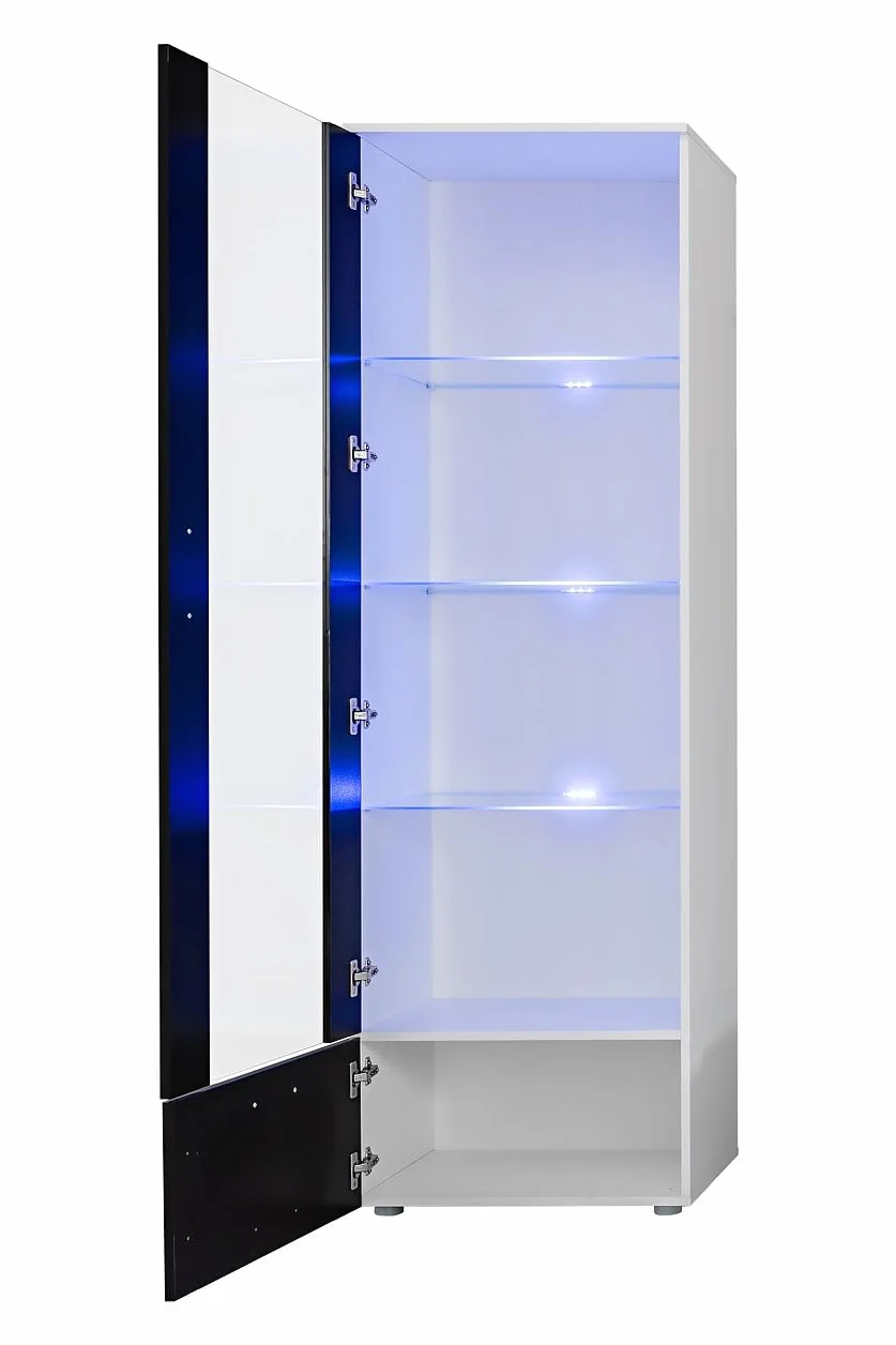 Komodee, Vitrine Armoire Alessandria, Noir Wotan, Largeur 60 cm x Hauteur :192 cm x Profondeur 42 cm, LED RGB, 3 étagères, pour Salon, Chambre, Entrée