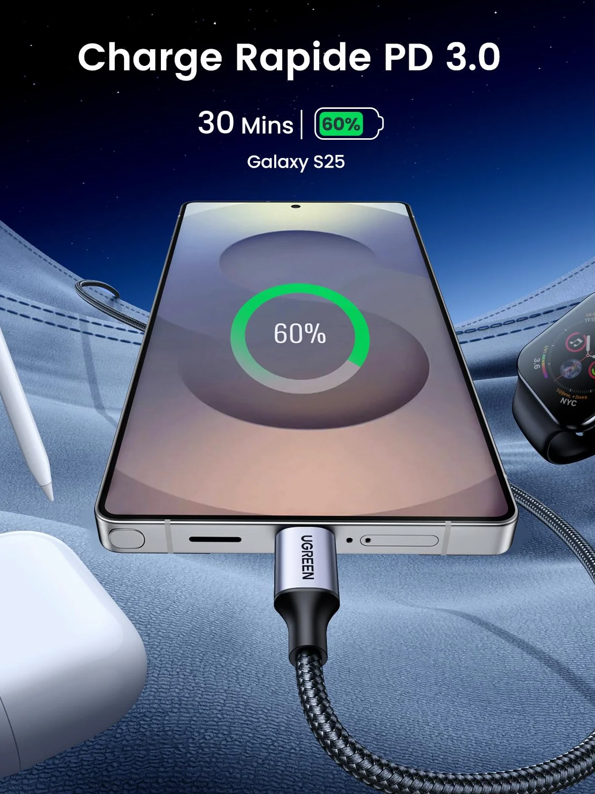 UGREEN Câble USB C vers USB C PD Charge Rapide 60W Nylon Tressé 1M