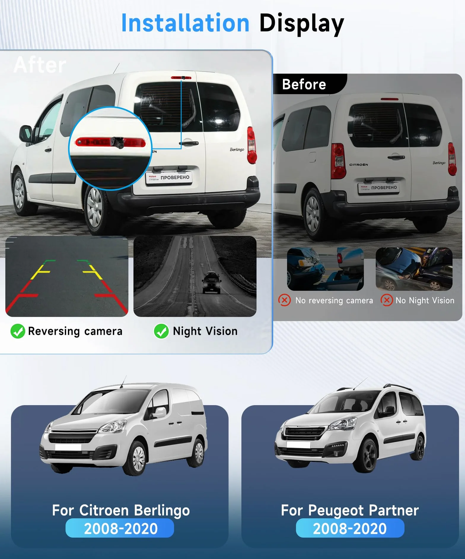 Hodozzy Kamera cofania do Peugeot Partner 2008-2020/Citroen Berlingo 2008-2020, kamera trzeciego stopu, IR noktowizor, wodoodporny IP67, regulowany kąt, z odwróconą linią