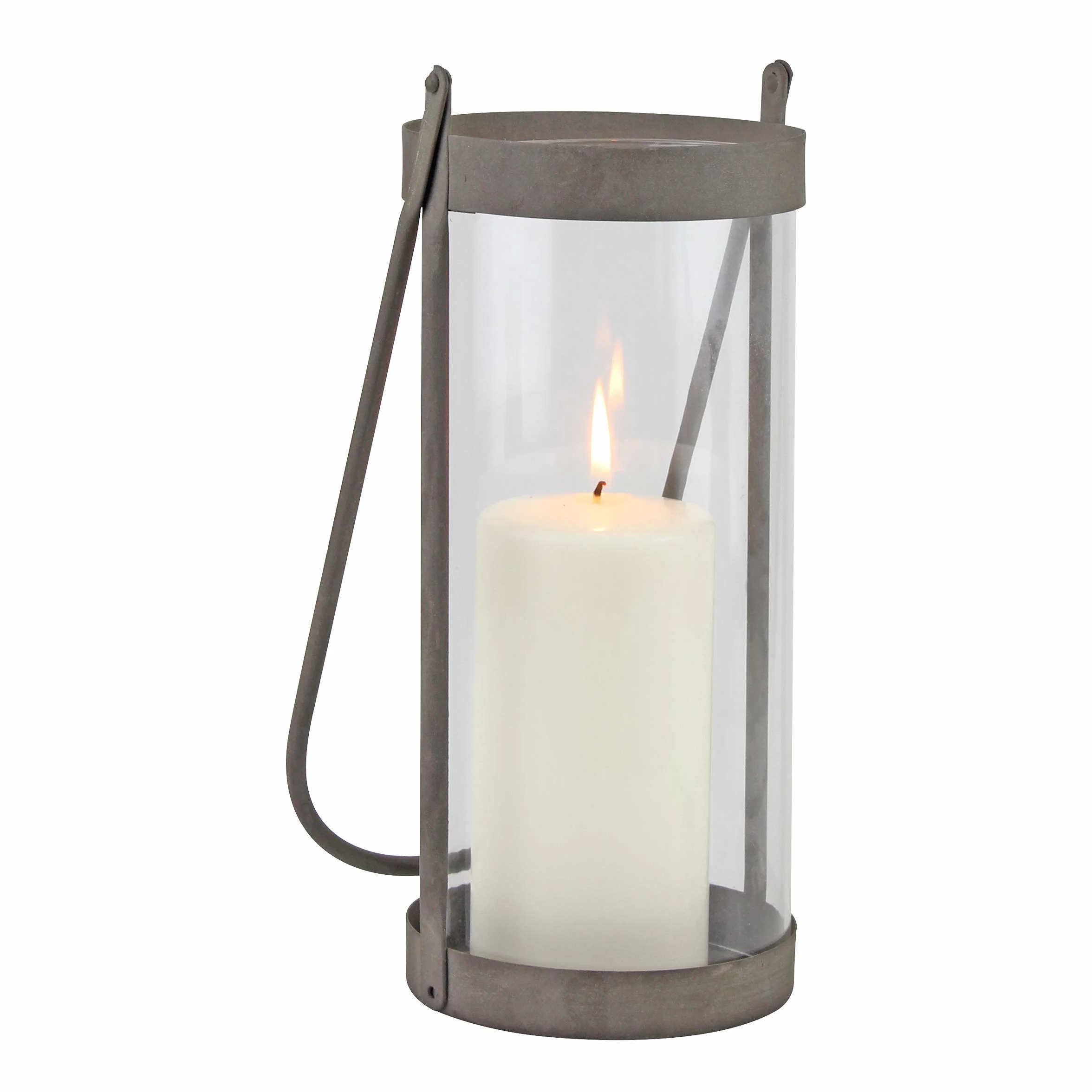 Stonebriar Lanterne à Bougie cylindrique en Verre Industriel avec Cadre et poignée en métal zingué Rustique