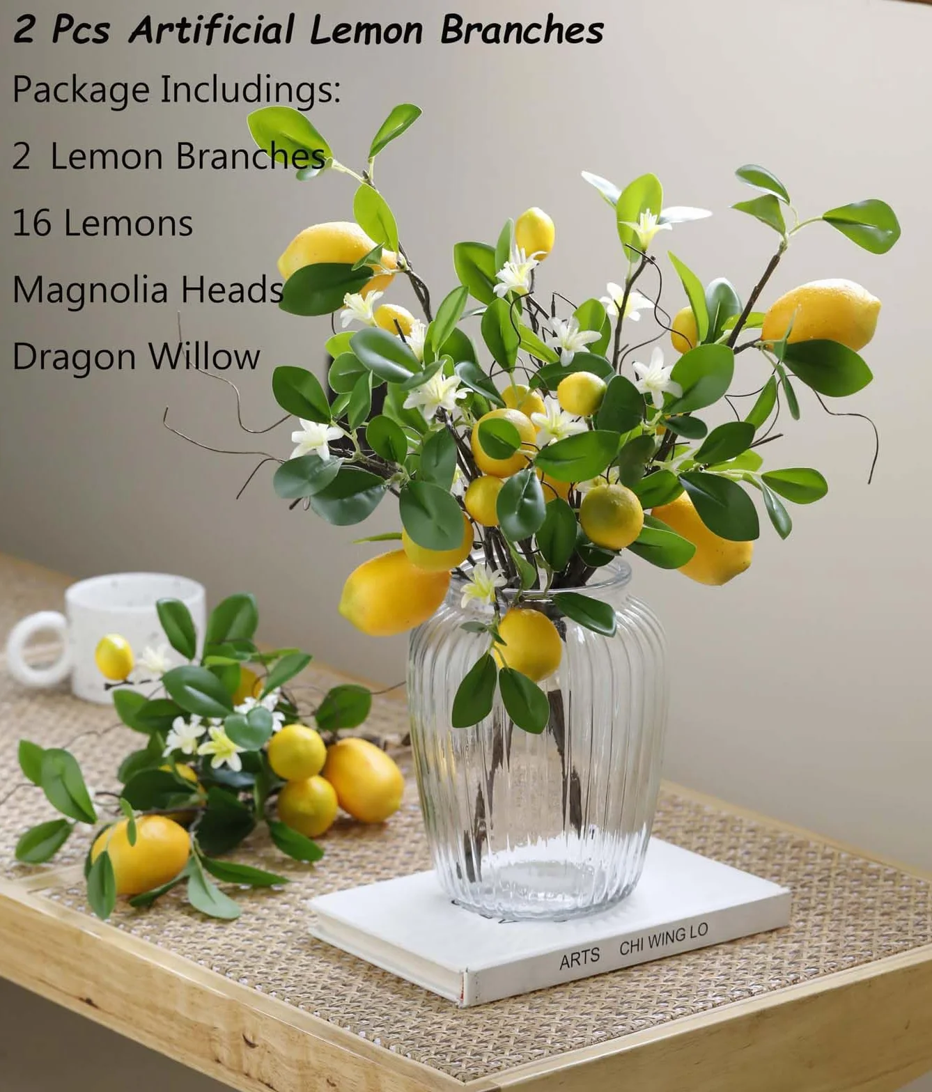 Laelfe Branches de Citrons Artificielles, Bouquet de 16 Têtes de Citrons Jaunes Faux, 48cm