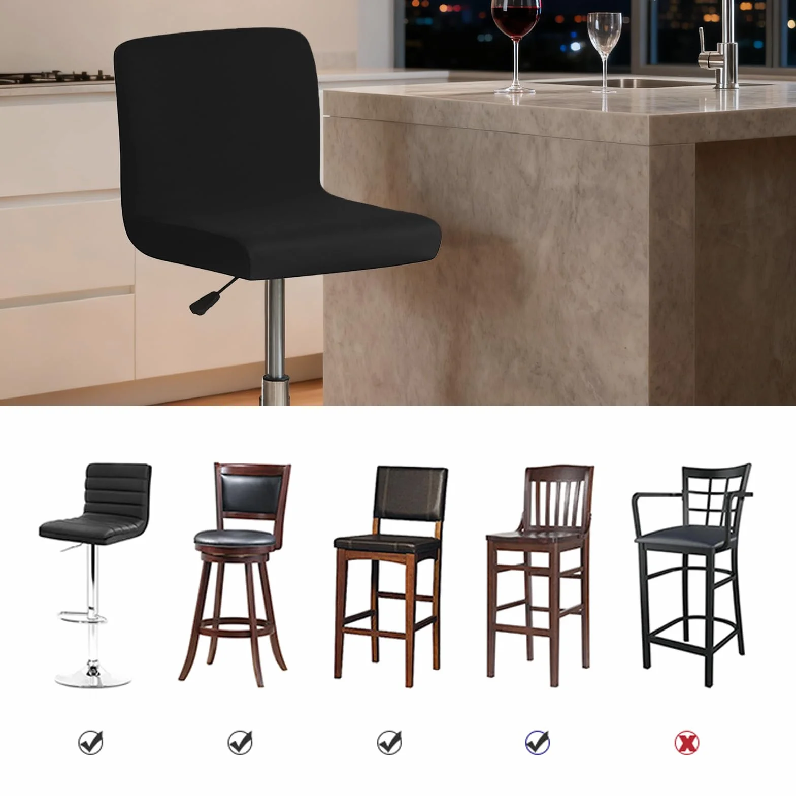 Housses de tabouret de bar extensibles noires 4 pièces lavables avec dossier