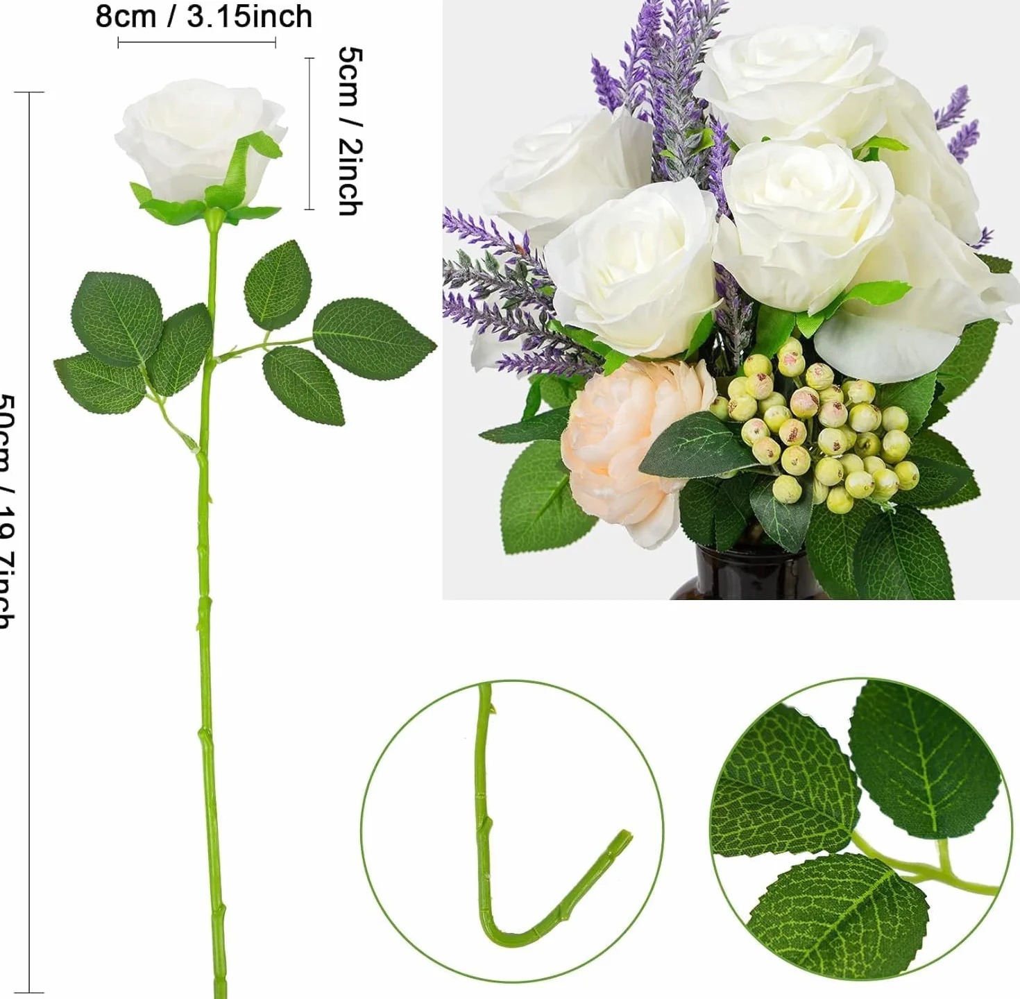 Roses Artificielles Blanches en Soie 12 Pièces Décoration Mariage Jardin