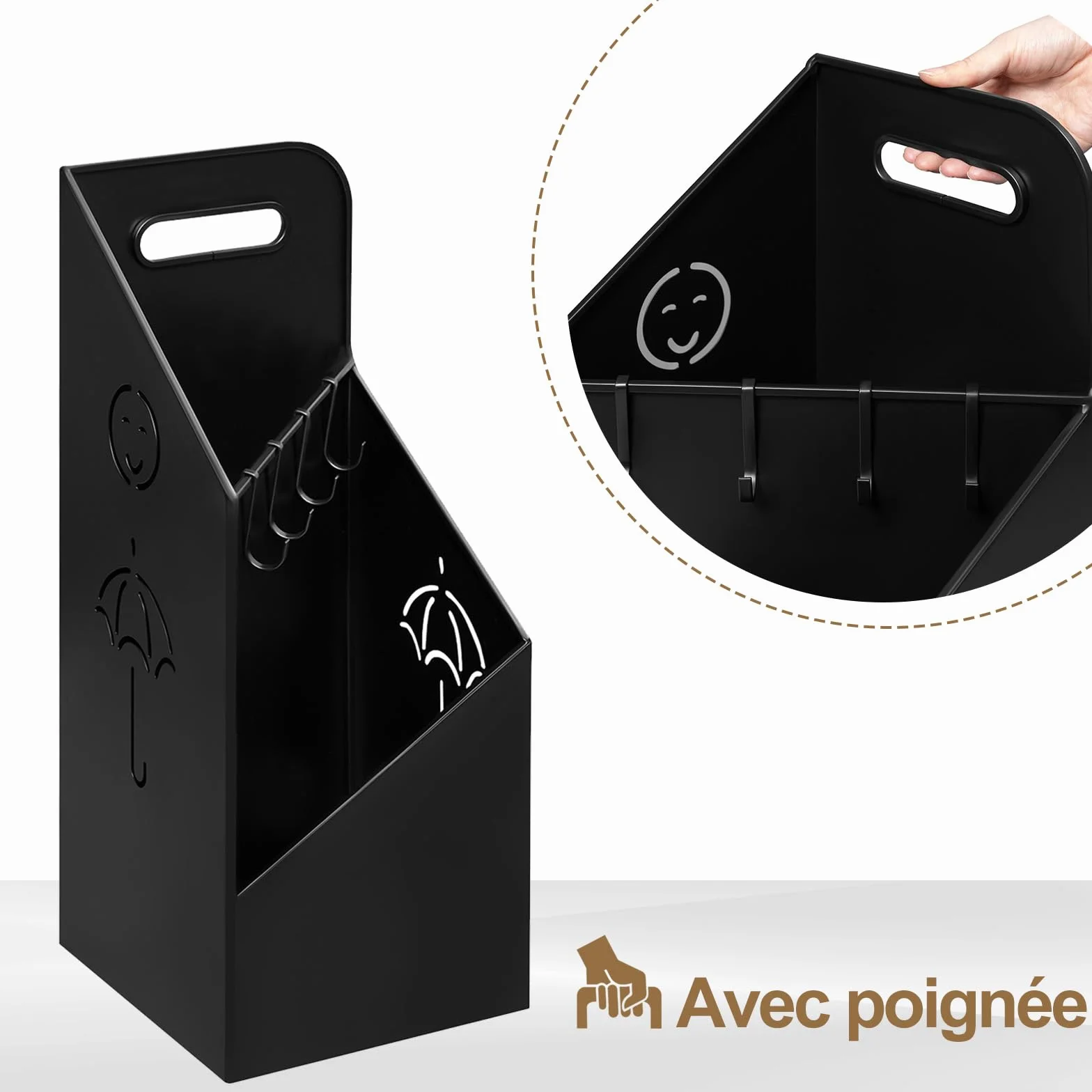 WOLTU Porte-Parapluie Métal Antirouille 4 Crochets 2 Zones Séparées Noir SST14an