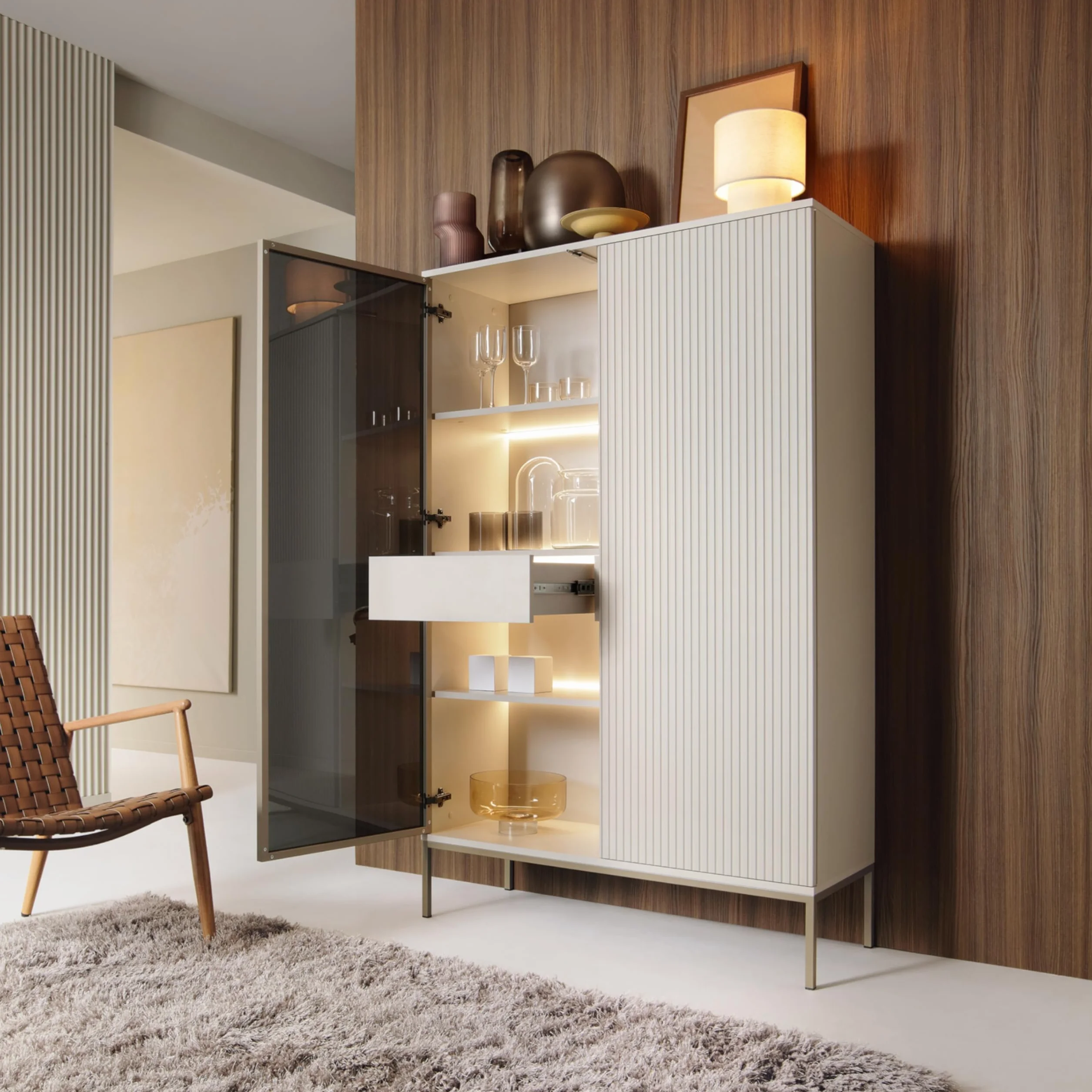 Komodee Laval WTSZ104 – vitrine avec éclairage LED, Cachemire, Largeur 104 cm, Hauteur 166 cm, Profondeur 39 cm
