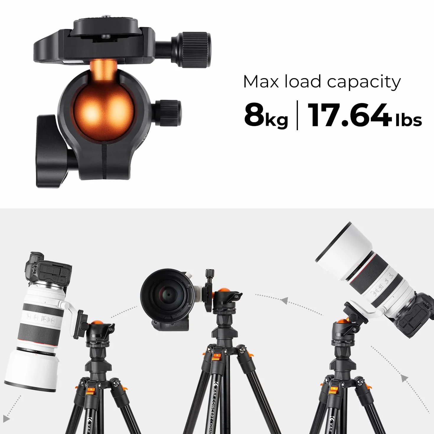 K&F Concept Statyw do aparatu 163 cm, lekki aluminiowy statyw podróżny na zewnątrz z głowicą kulową nośność 20 kg/44 funty, uchwyt na telefon, do aparatów DSLR K234A0+BH-28L