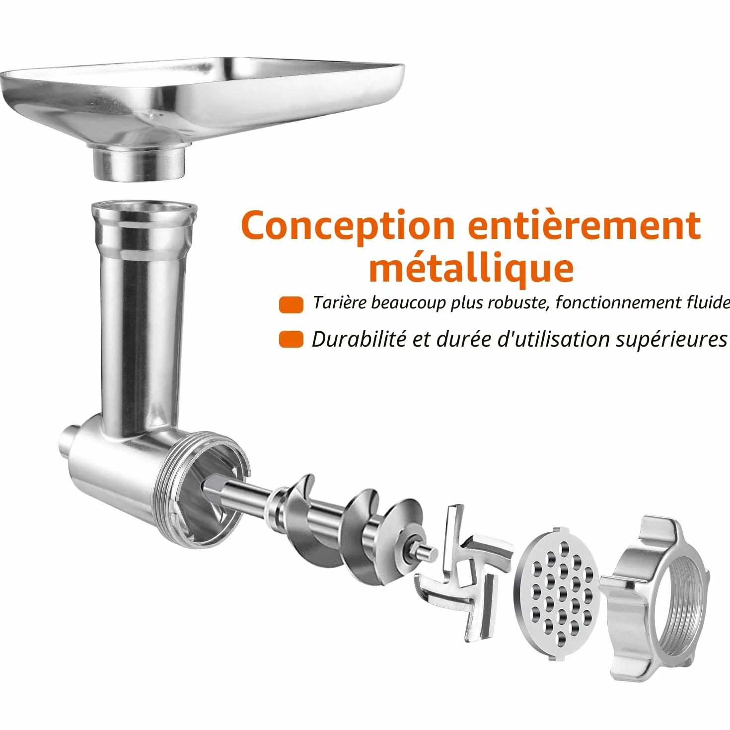 Hachoir à viande en métal avec poussoir et 3 tubes à farcir pour saucisses, extension durable compatible avec tous les modèles KitchenAid