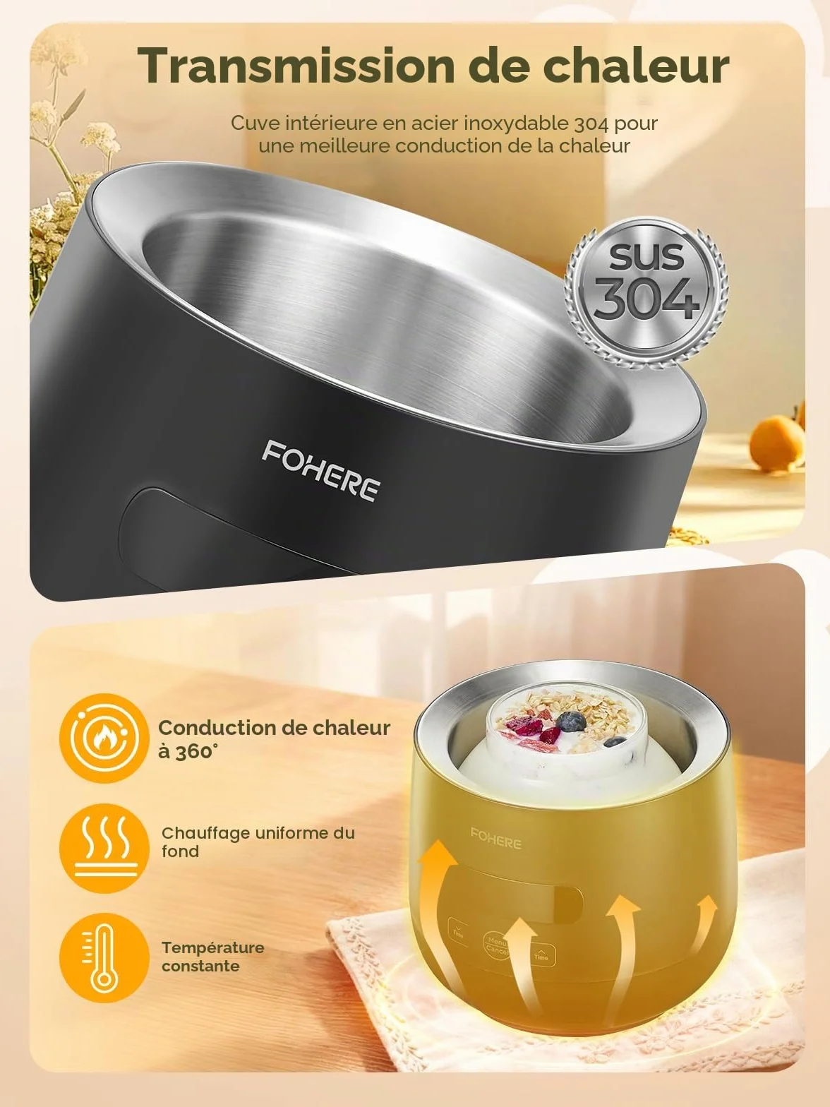 FOHERE Yaourtière 2 XXL pots en Verre 2000 ml et 1400 ml, 4 * 125 ml Tasse en Céramique avec Couvercle, 8 Programmes Automatiques, Ecran LCD, Arrêt Automatique, Sans BPA, 20 Watts