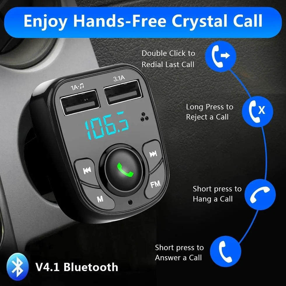 MKOIJN Samochodowy nadajnik FM Bluetooth Radio Adaptery Zestaw głośnomówiący Samochód MP3 Audio Odtwarzacz Ładowarka samochodowa z 2 portami USB (5V/2,4A i 1A)