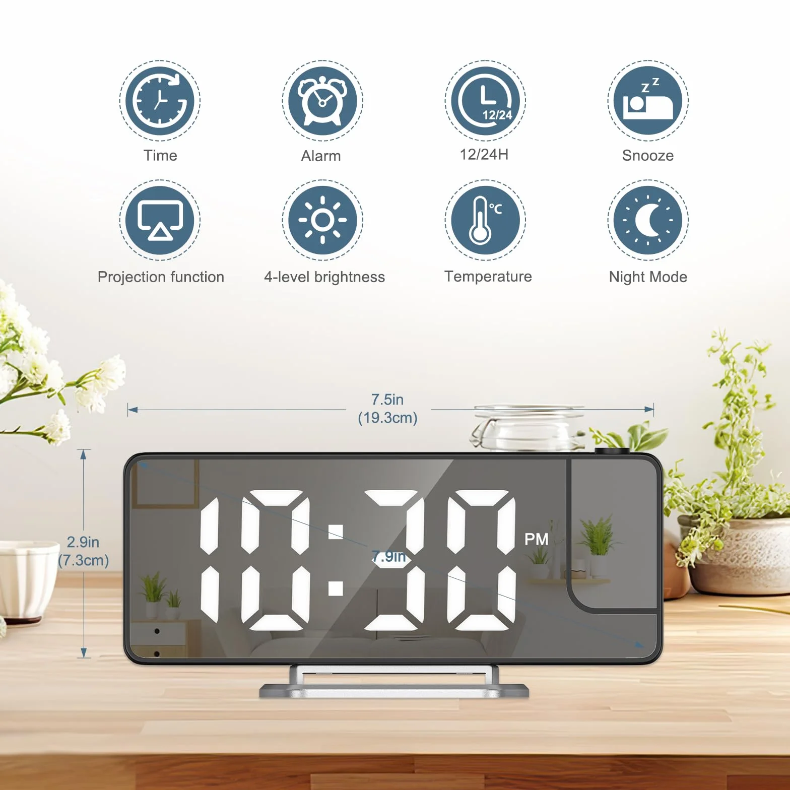 Réveil numérique à Projection avec température 180° Horloge de Table électronique Luminosité réglable Affichage 12/24 h