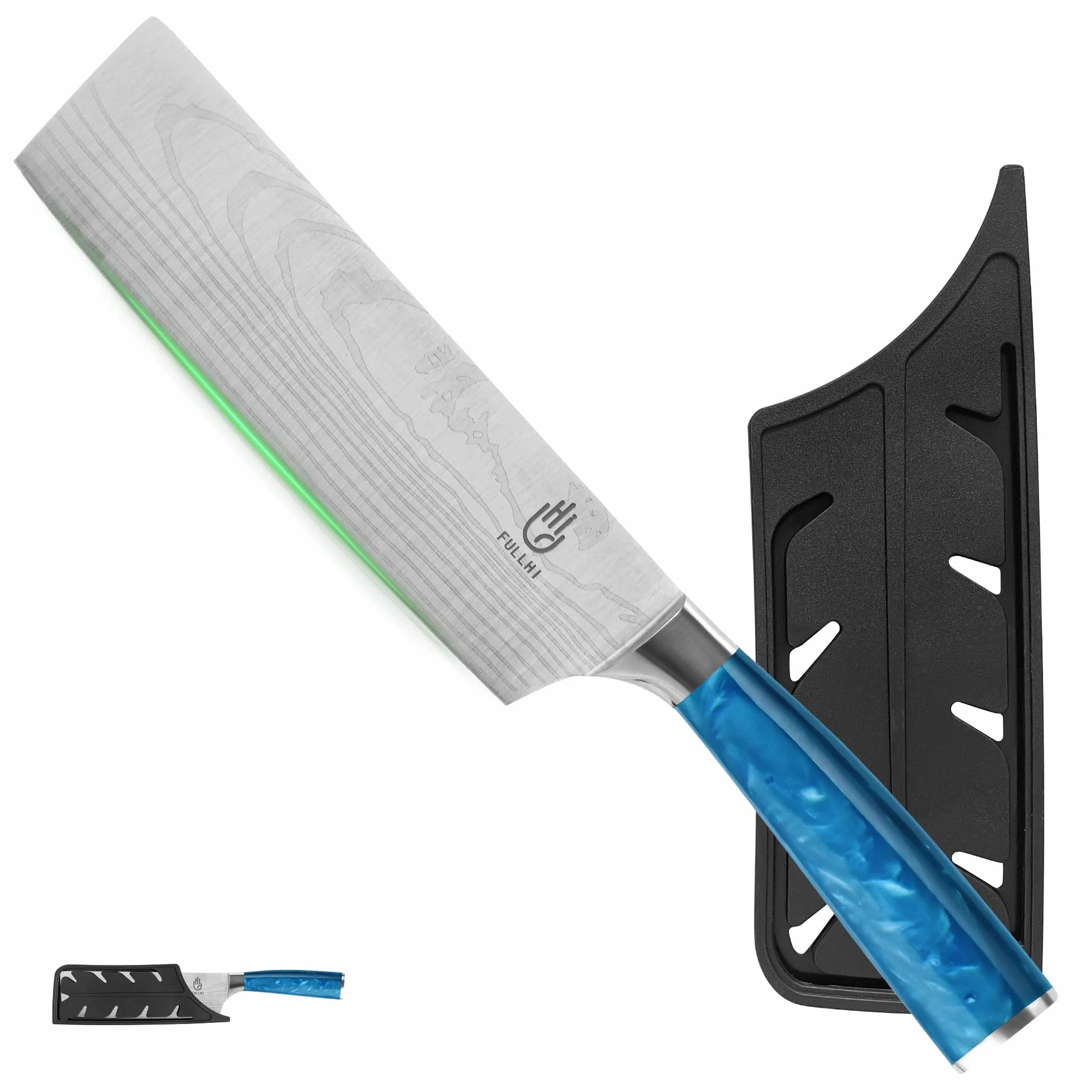 FULLHI Couteau Nakiri, couteau japonais multicolore de 7 pouces avec étui, couteau de cuisine en acier inoxydable pour la cuisson de la viande et des légumes avec protection (Résine bleue)